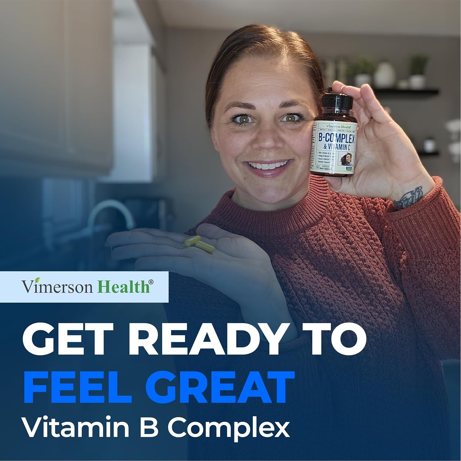 Vitamin B Complex with Vit C & Folic Acid (Folate) - 8 High Potency B Vitamins: B1, B2, B3, B5, B6, B7, Vitamin B12 + Biotin, Choline & Inositol. Aids Mood, Energy, Nervous System & Immune Support