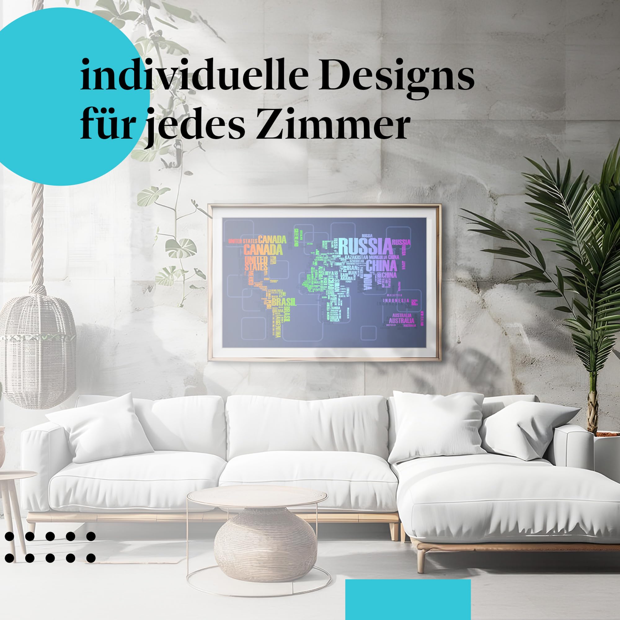 Postereck - 0925 - Moderne Schrift Welkarte, Bunt Länder Kontinente - Unterricht Klassenzimmer Schule Wandposter Fotoposter Bilder Wandbild Wandbilder - Leinwand - 100,0 cm x 75,0 cm