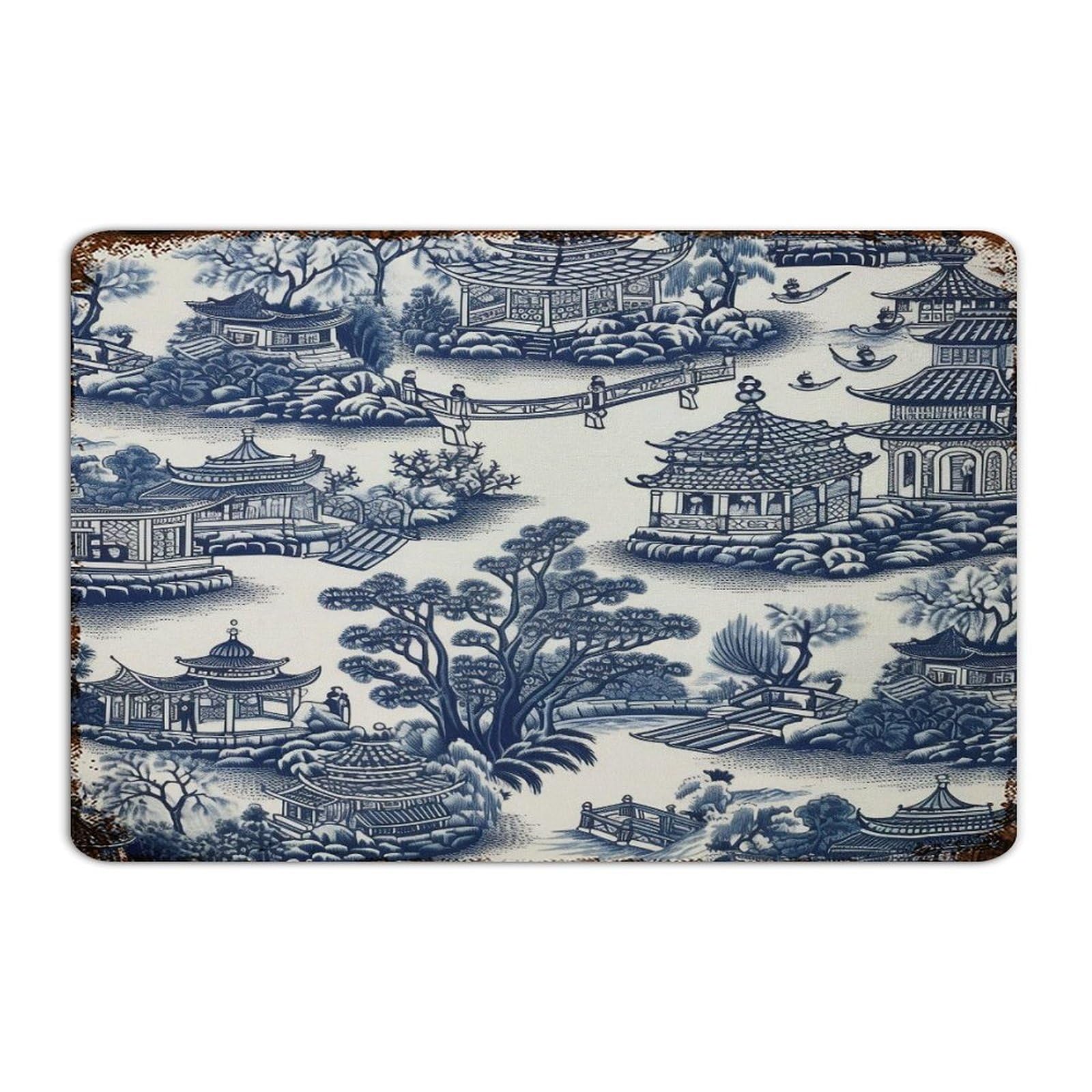 Pagode asiatique panneau métal déco murale jardin et salon oiseaux bleu blanc