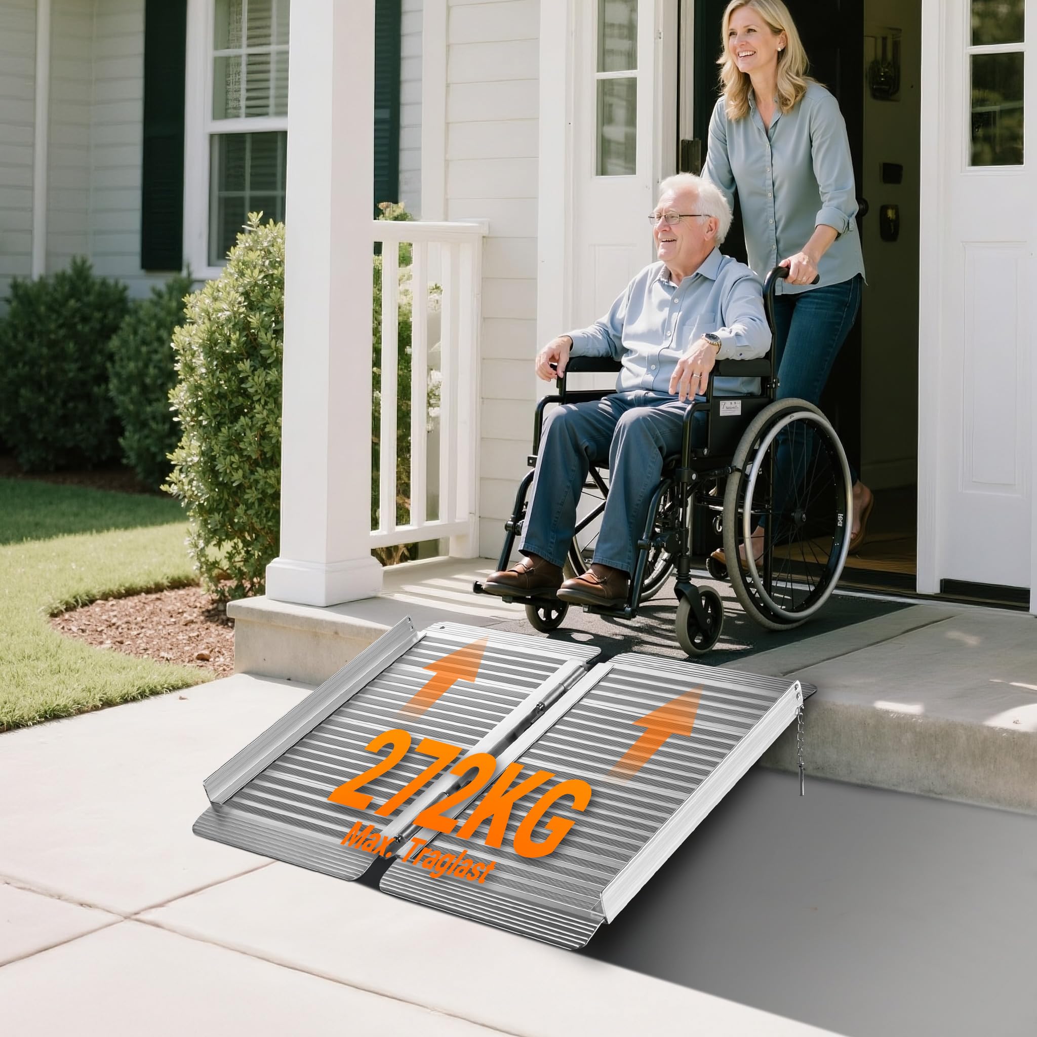 Wiltec Rollstuhlrampe faltbar 62 cm 270 kg, Mobile Auffahrschiene als Rollirampe, Aluminium Kofferrampe, Flachrampe klappbar