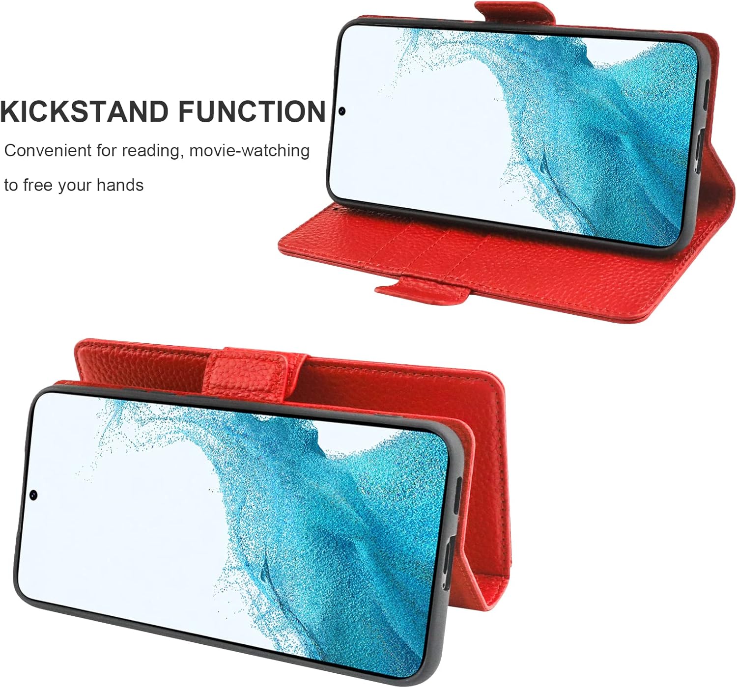 Bocasal Wallet Case for Galaxy S22 5G, Genuine Leather Support Wireless Charging RFID Blocking Flip Case Card Slots Holder, Kickstand Book Folding Folio Cover with Wrist Strap 6.1 Inch (Red)