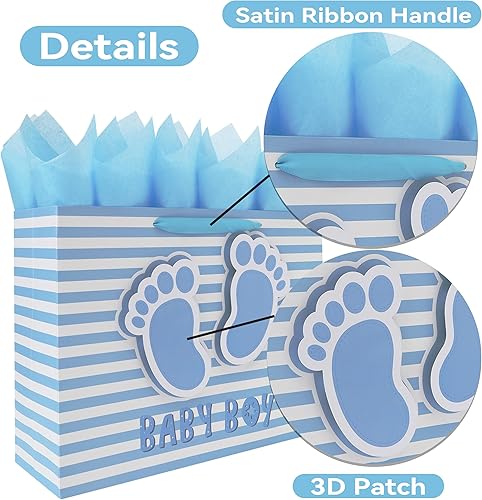 Miniatura 4 de Juego de bolsas de regalo para bebé extra grande de 16.5 pulgadas con asas, tarjeta de felicitación, papel de seda azul y calcomanías para niños