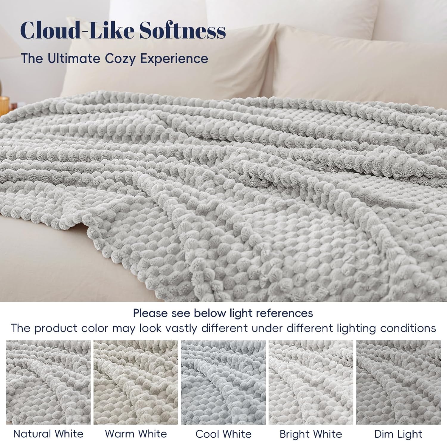 PHF Ultra Soft Flannel Fleece Blanket Queen Size, Lightweight 3D Jacquard Fleece Blanket, No Shedding, No Pilling, Luxury 340GSM Aesthetic Fluffy Cozy for Bed Room Decor, 90"x90", Light Grey - Image 5