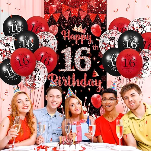 Miniatura 10 de Decoraciones de fiesta de cumpleaños número 18 para niñas y niños, globos rojos y negros, suministros de pancarta de feliz cumpleaños 18 y 18 globos