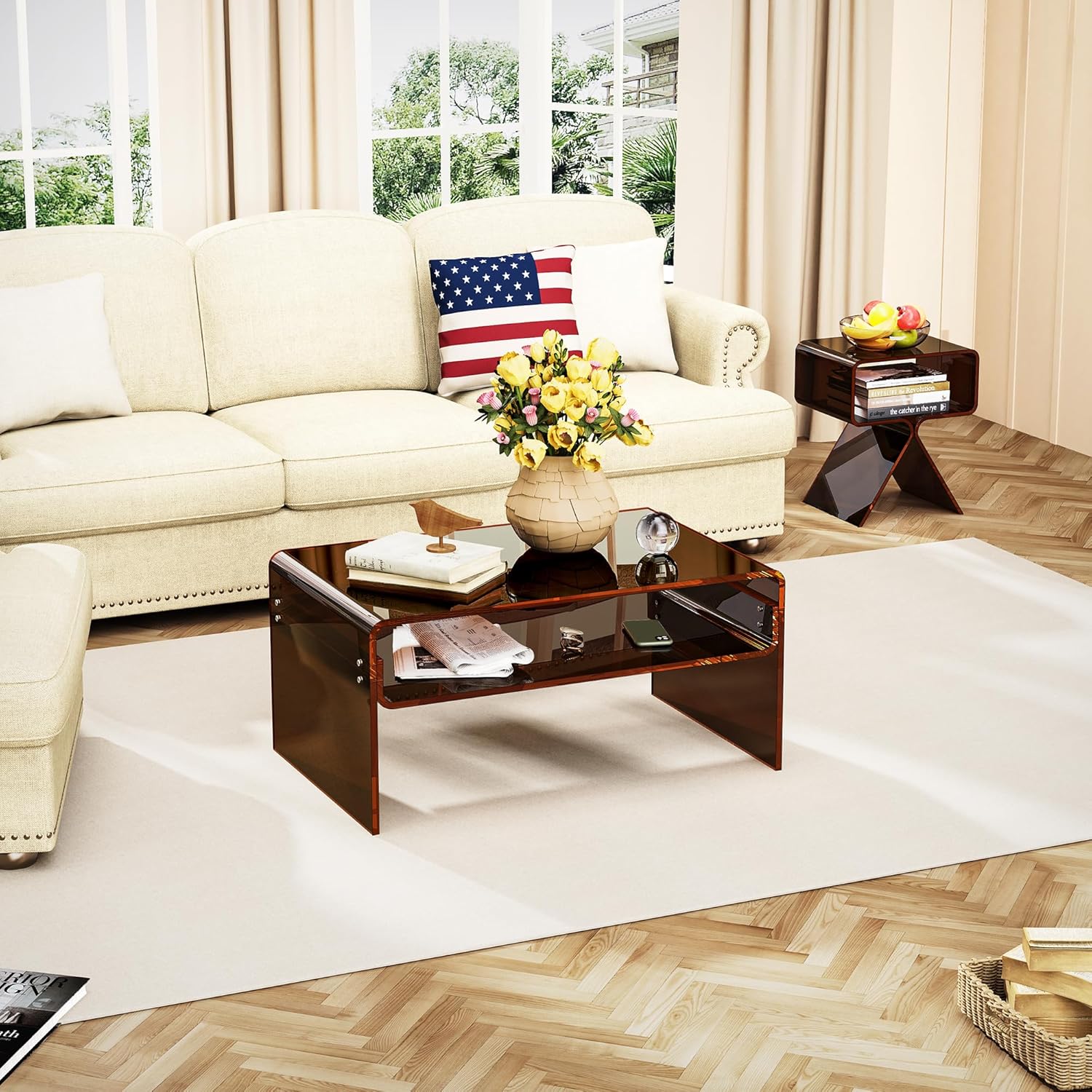 Acrylic Coffee Table for Living Room Clear Rectangle Lucite Table with Open Storage Shelf (1, Dark Brown, Large) Large Dark Brown 1