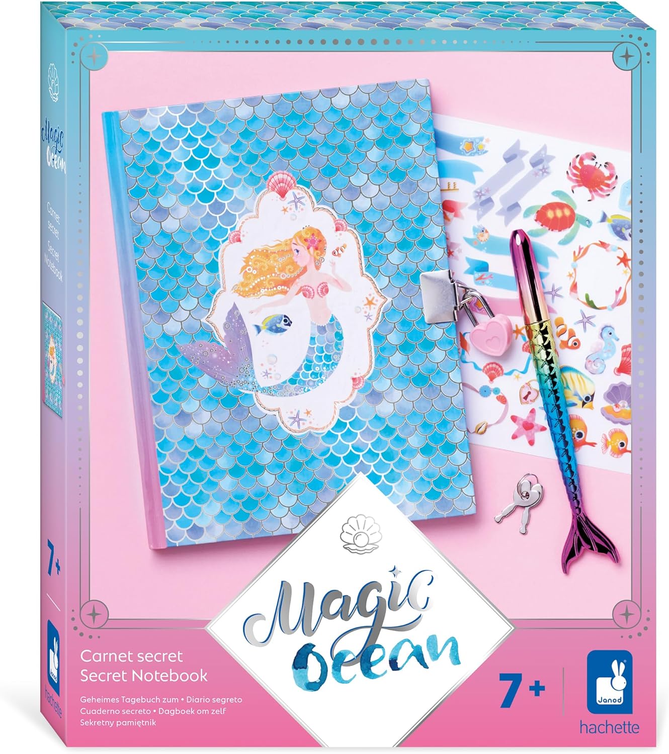 Janod - Magic School - Secret Notebook - Children’s Private Journal - Arts & Crafts Kit - Spell Book with Feather-Shaped Pen - Magic Universe - Craft Activity for Ages 3 +, J09110