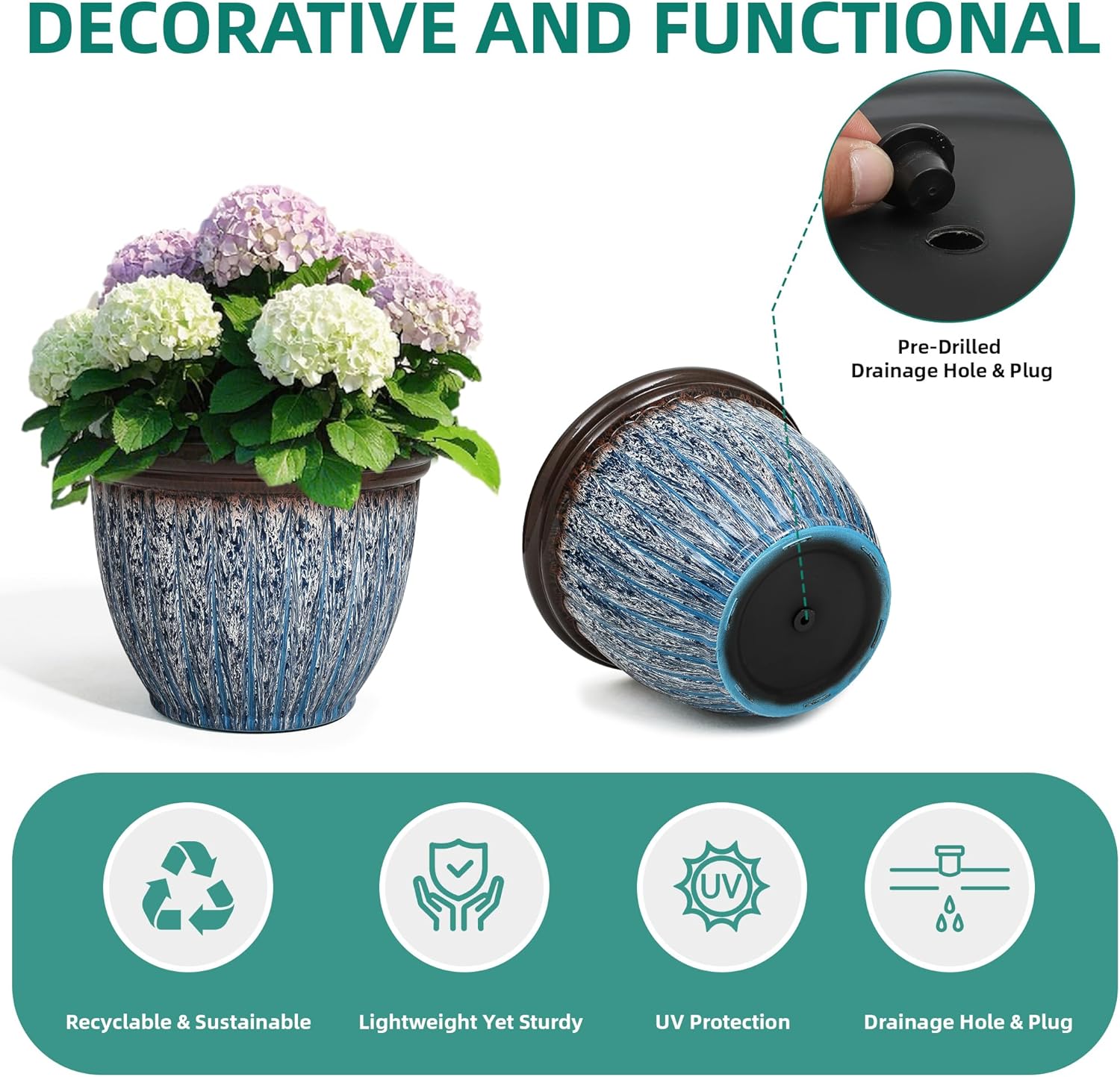 15" D Large Flower Pots, 2-Pack Big Planters for Indoor Outdoor Plants, UV-Protect PP Container for Garden Patio Yard Balcony Porch or Home Decor, Artistic Floating Blue & Brown Glaze