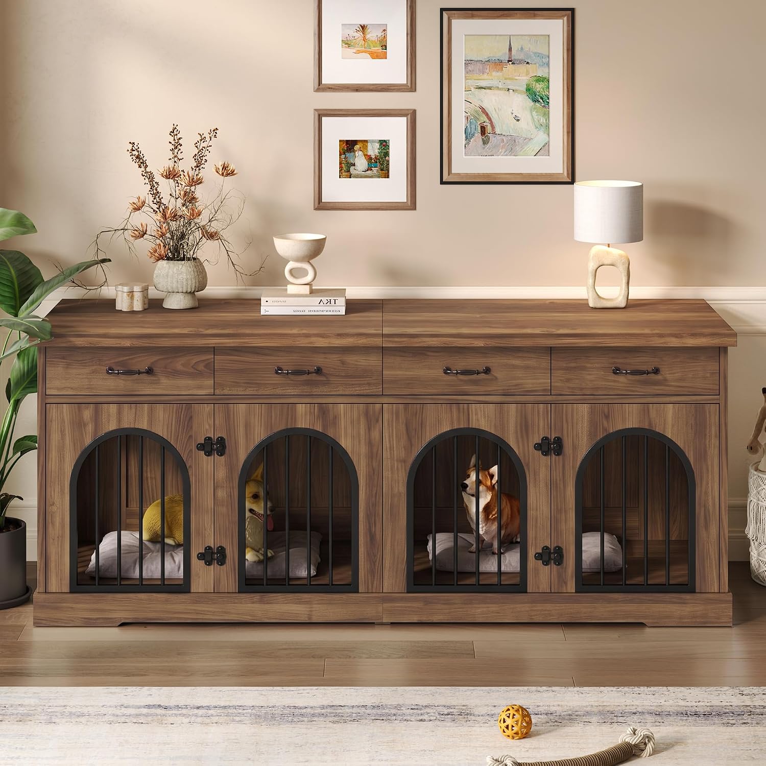 Merax 70.8" Large Dog Crate Furniture & TV Stand for 2 Dogs – Double Kennel with 4 Storage Drawers, Removable Divider & Arched Metal Doors – Wood Indoor Pet House for Medium/Large Breeds, Brown