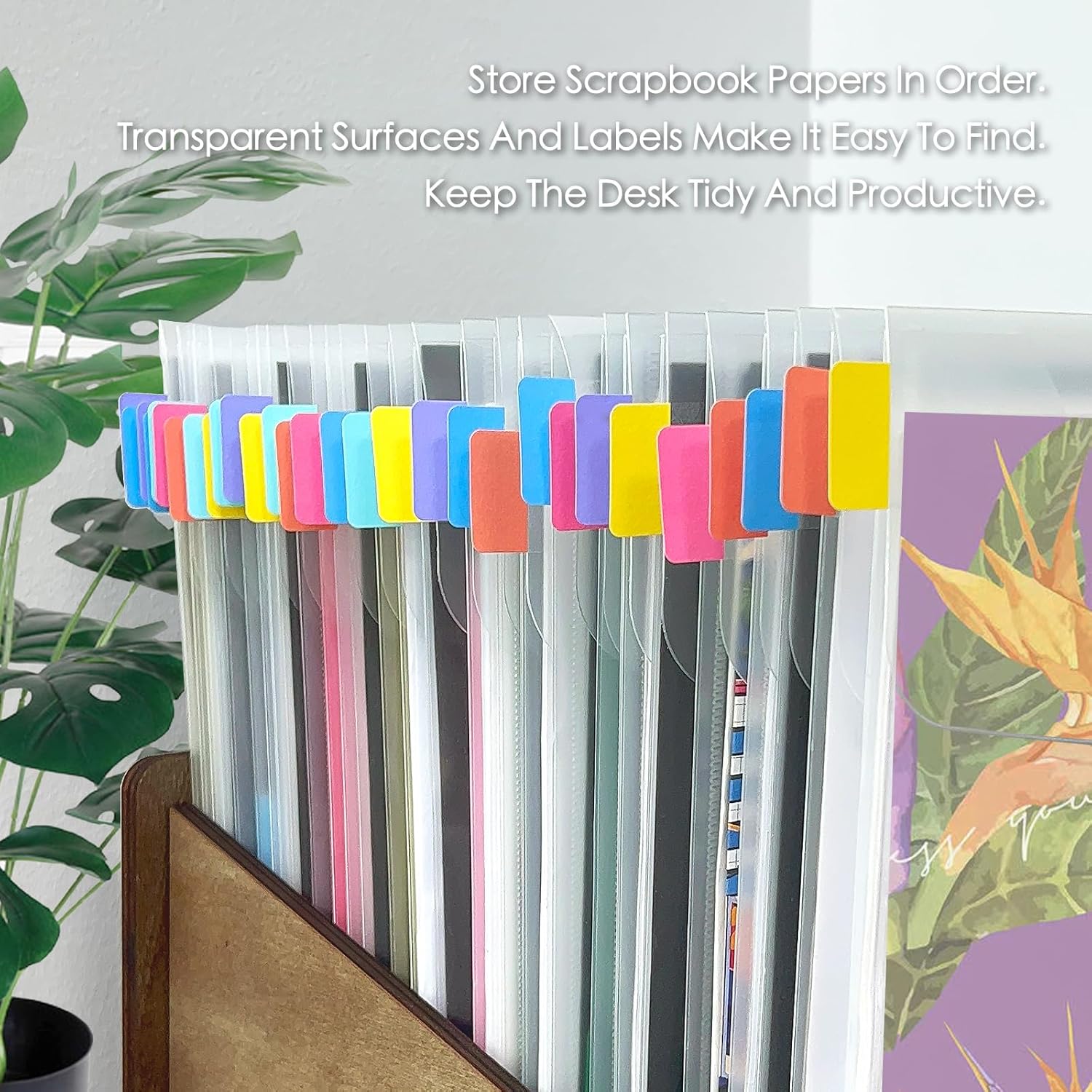 Hukado 30-Pack 12x12 Scrapbook Paper Storage Sleeves — Clear Vinyl Envelopes with 36 Colorful Index Tabs, Fits 12" x 12" Paper, Stackable Organizer for Cardstock & Craft Vinyl