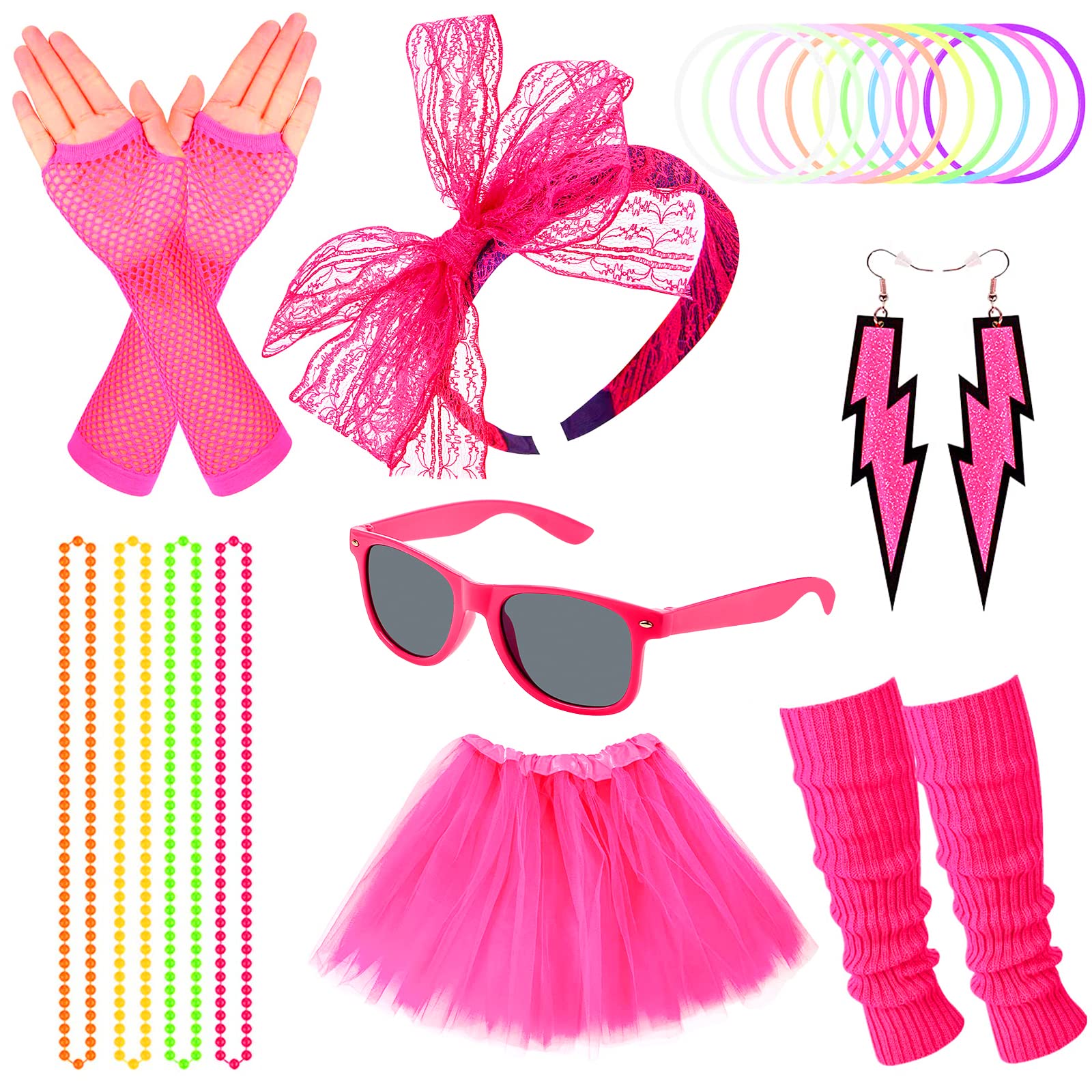 80s Fancy Dress for Women, 1980s Fancy Dress Costume Neon Party Accessories, Tutu Skirt Girls Fishnet Gloves Leg Warmers Necklace Bracelets Headband Earrings Sunglasses 90s Fancy Dress Adults