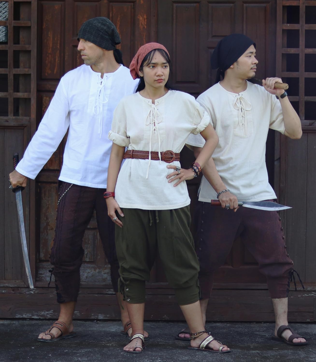 Waffle Stonewashed Muang Cotton Tied Waist Many Button Pants Black Brown szL