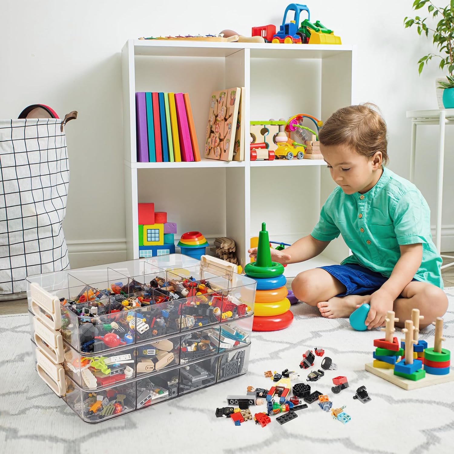 WANLIAN Storage Containers with Building Plate Lid, Acrylic Stack-able Organizer Bin Chest, Brick Toy Storage Organizer with handle, Bin Storage, Storage (Does not include Bricks)