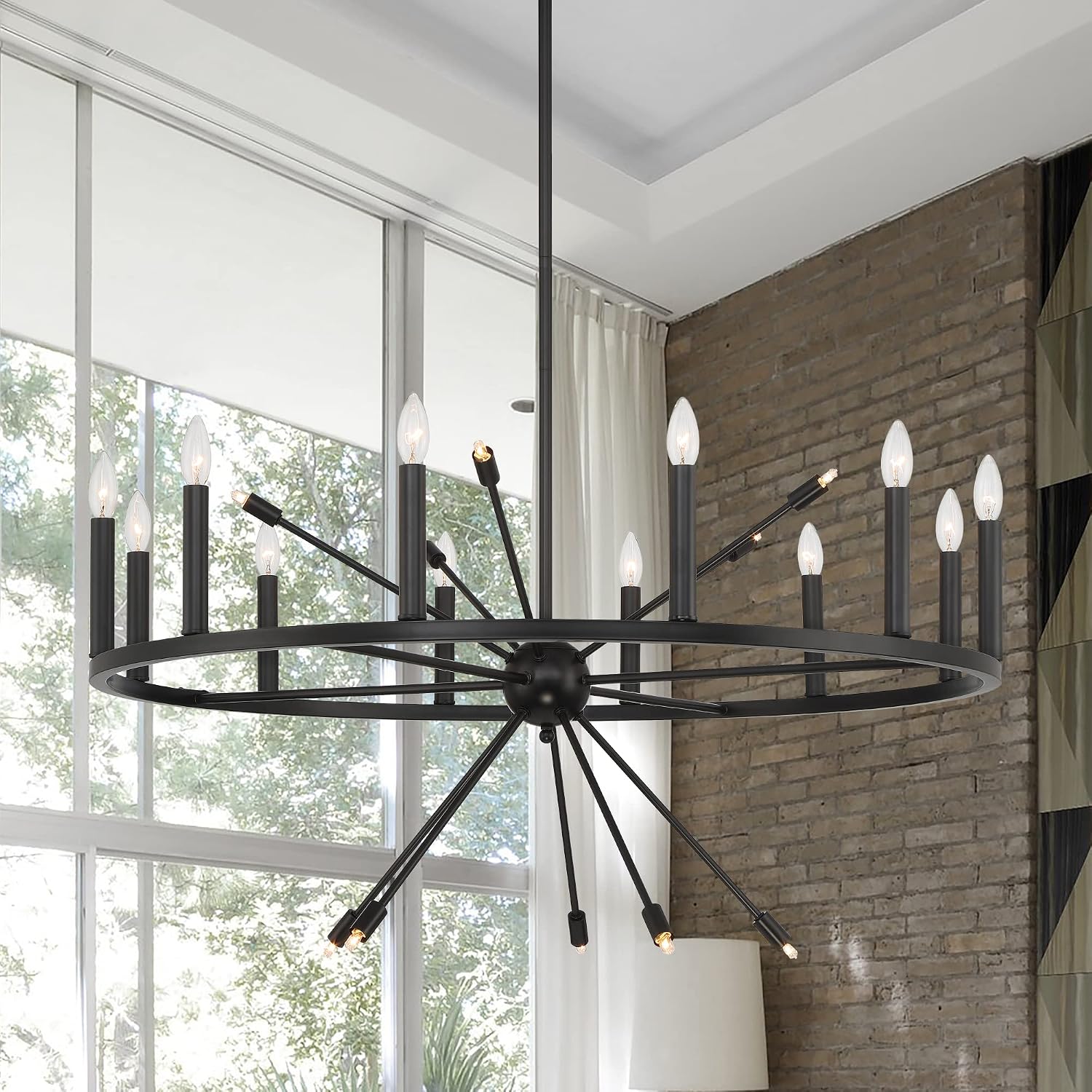 Vanity Art 22 Candle Style Light Wagon Wheel Chandelier Light Fixture | Modern Hanging Ceiling Lights Fixtures for Dining Room Living Room Bed Room, Kitchen, Classic Black, SJS90922BK