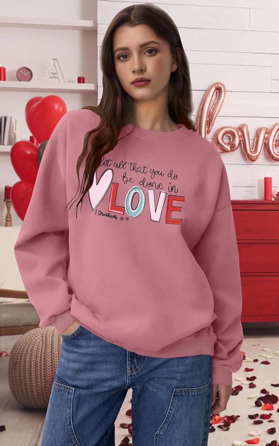 Valentine Day Sweatshirt for Women Romantic Love Print Sweater Valentine Love Heart Graphic Casual Long Sleeve Tops - Image 3