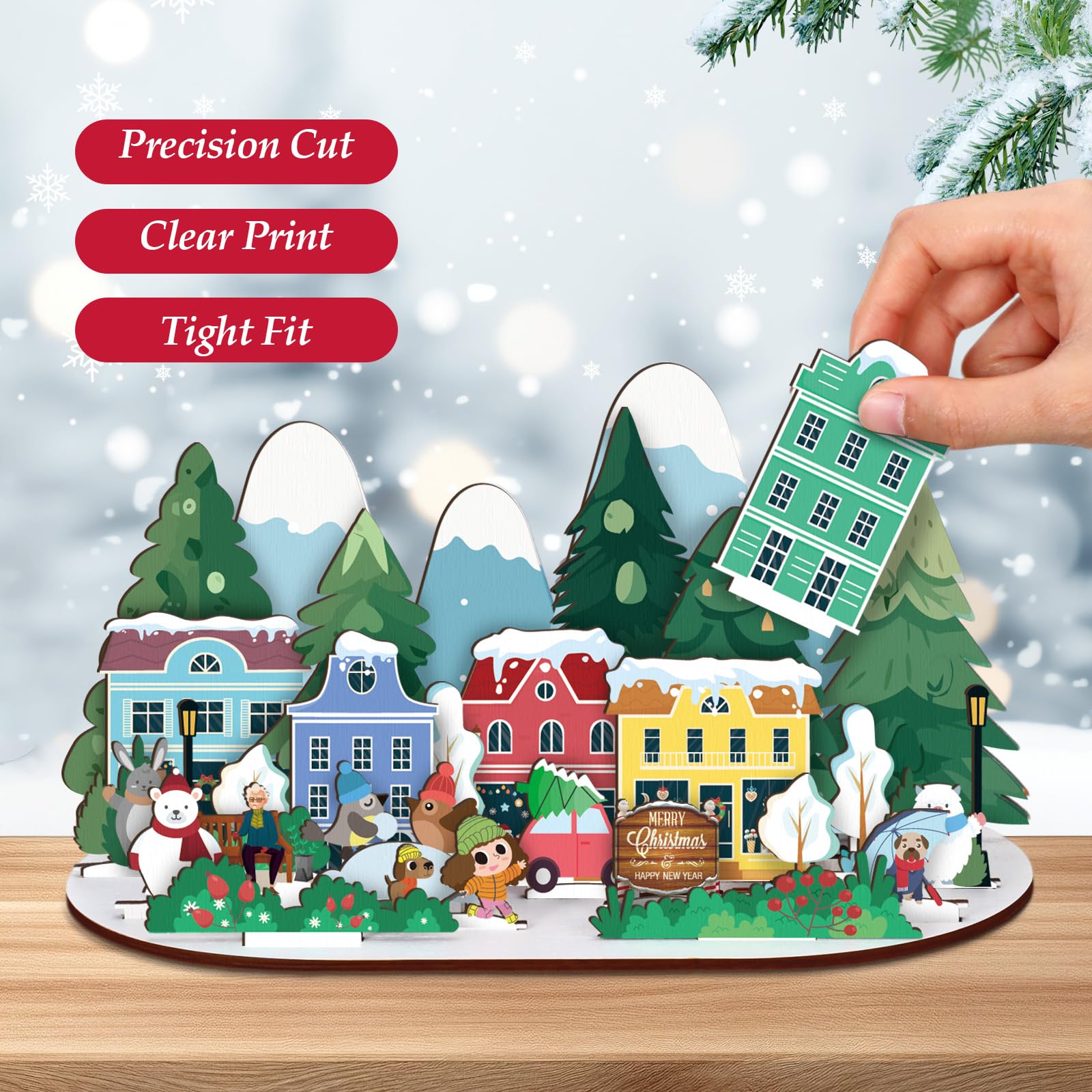 Colingmill Adventskalender aus Holz, Weihnachts-Countdown-Geschenk-Set mit 25 Geschenkumschlägen für Tisch Fenster Dekor Regale Tisch Mittelstücke Dekoration (Weihnachtsdorf)