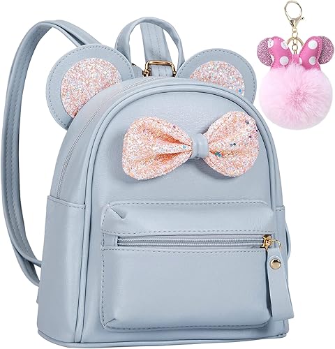 Sunwel Fashion Mini mochila con orejas de ratón y lazo de lentejuelas para niñas adolescentes con pompón (azul claro)