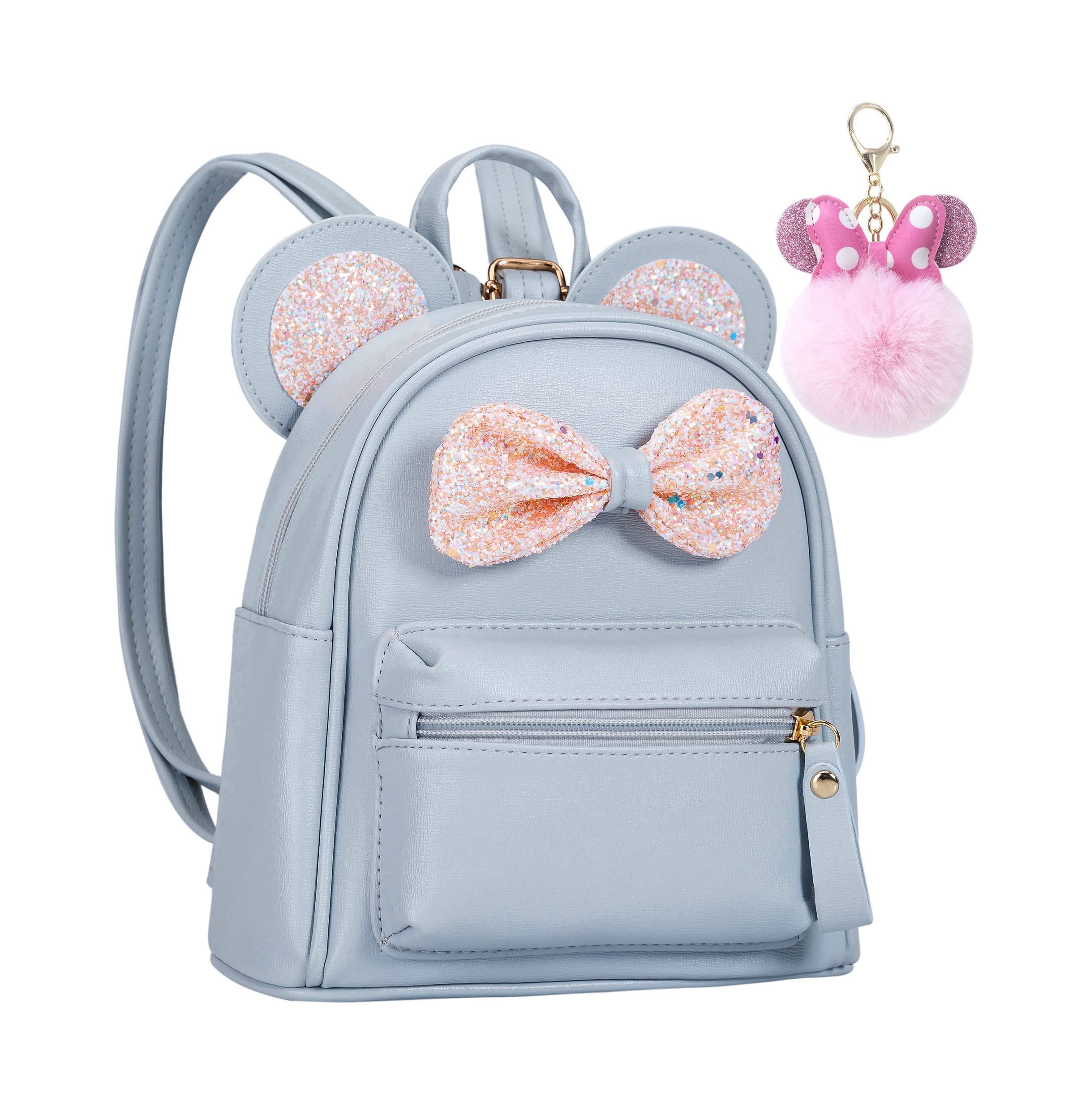 Sunwel Fashion Cutest Toddler Sequin Bow Mouse Ears Bag Mini Backpack for Teen Little Girls with Pom Pom(light blue)