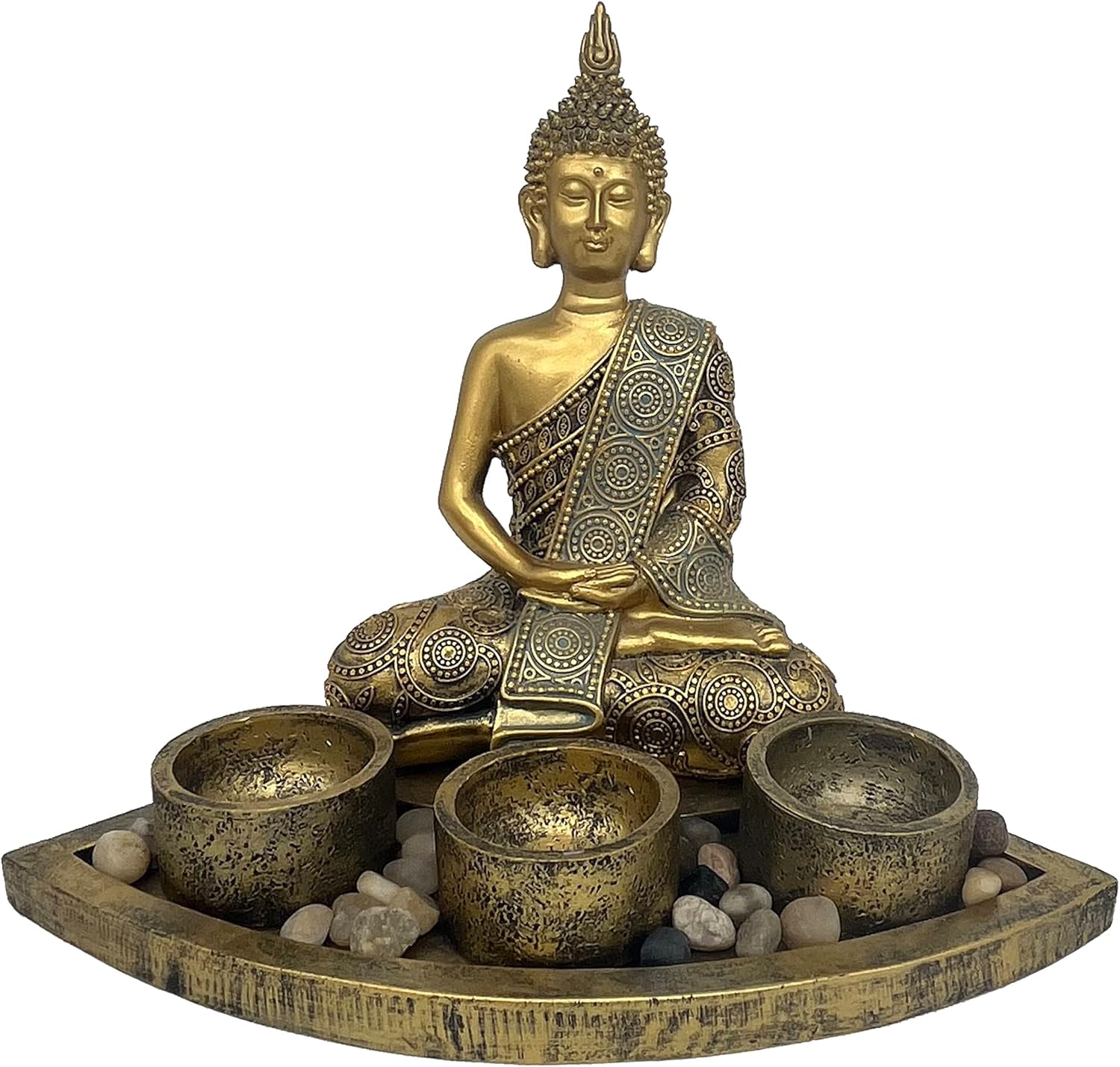 ARTCOS Meditating Buddha with 3 Tealight Candle Holder Base Sitting Zen Buddha Statue for Spiritual Room Décor Buda Sculpture Home Decoration for Peace and Harmony (Antique Gold)