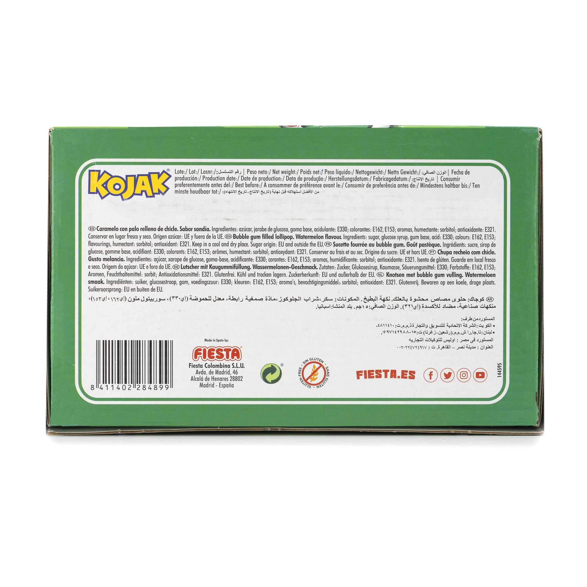 FIESTA Kojak - Sabor Sandía - Con Pepitas de Azúcar - Caramelo con palo relleno de chicle - Caja de 100 unidades