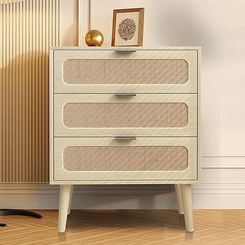 QHITTY Cómoda con cajones, cómoda de ratán con 3 cajones, armario de almacenamiento decorativo moderno, mesita de noche para sala de estar, Natural
