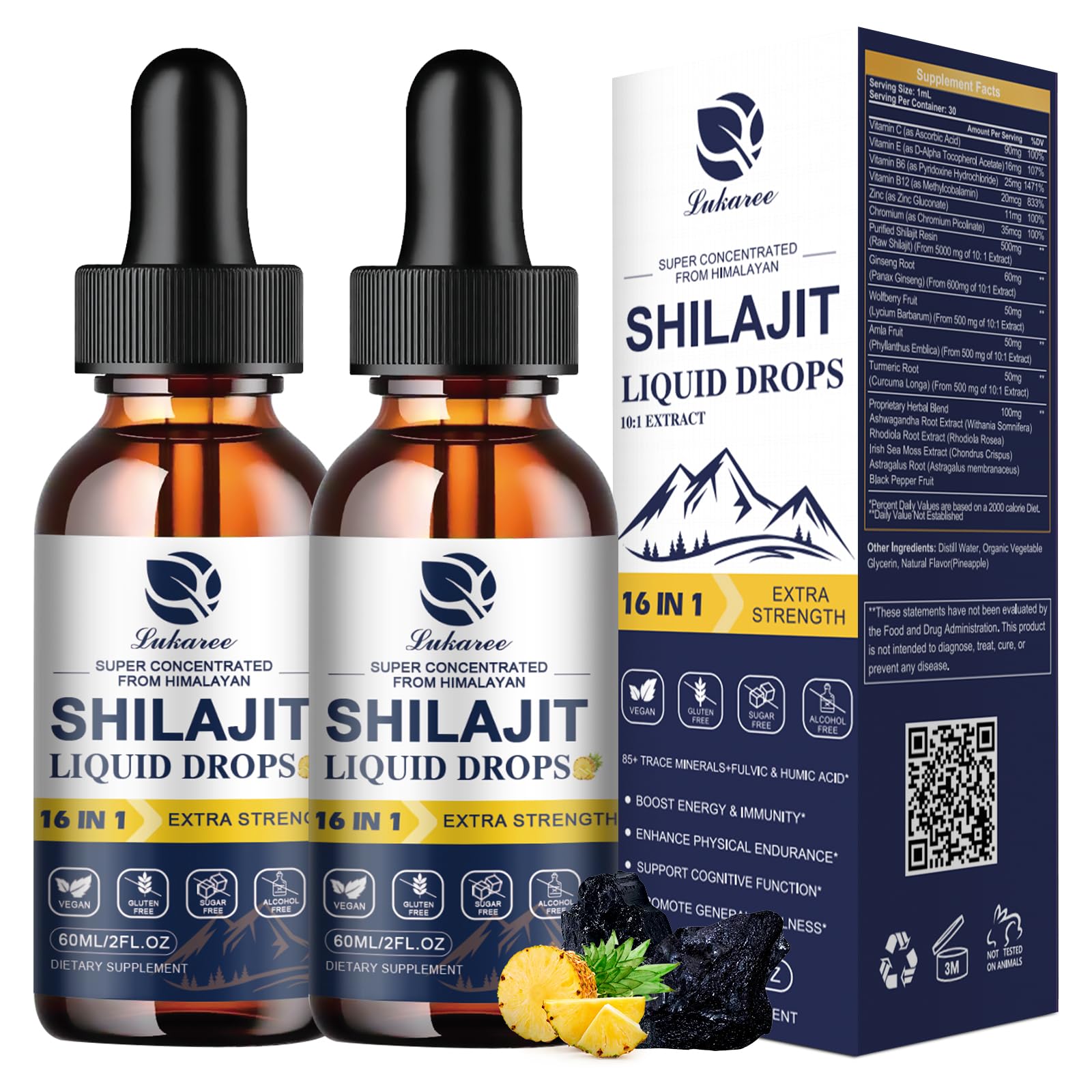 16-in-1 Shilajit Drops for Men and Women, Ashwagandha, Ginseng, Turmeric, Rhodiola, Amla, Sea Moss, Liquid Vitamin Supplement with 85+ Trace Minerals and Fulvic Acid, 2 FL Oz (2 Pack)