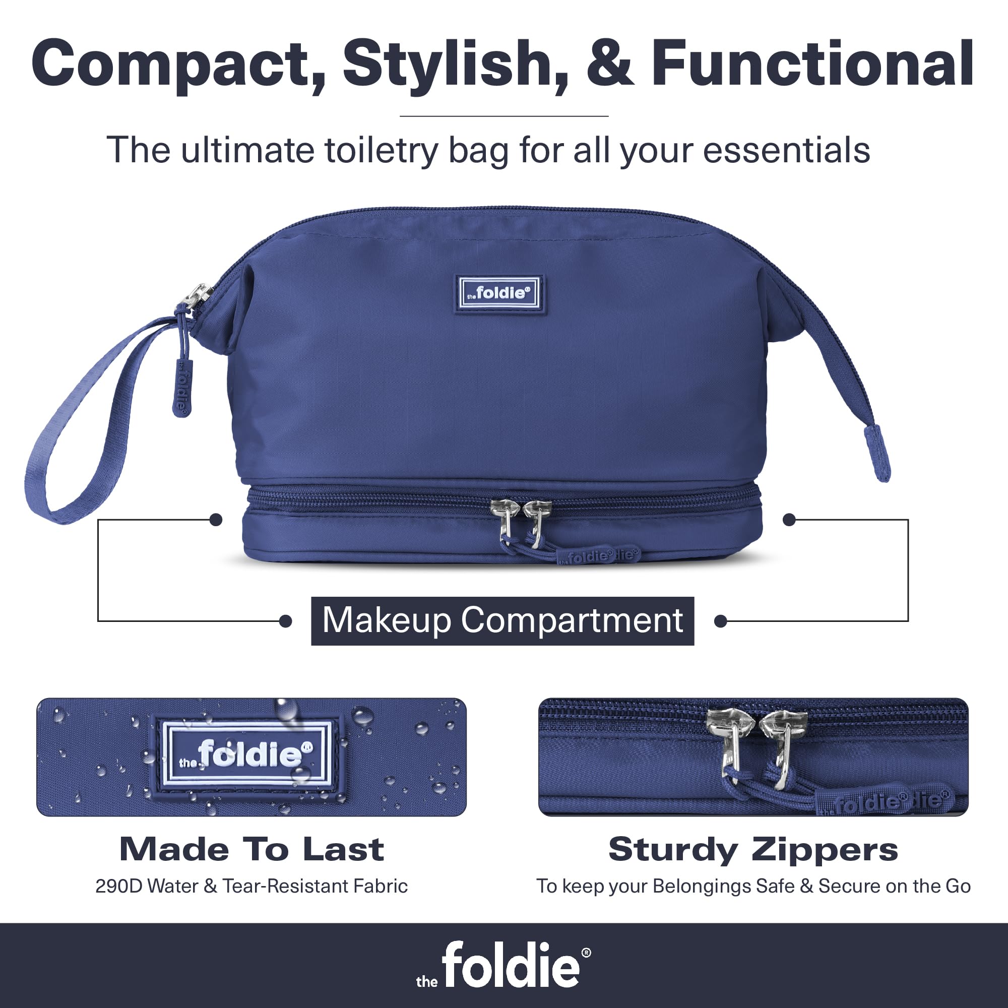 The Foldie® Neceser de viaje para hombres y mujeres, repelente al agua, lavable a máquina, organizador de maquillaje y cosméticos con múltiples compartimentos, Azul