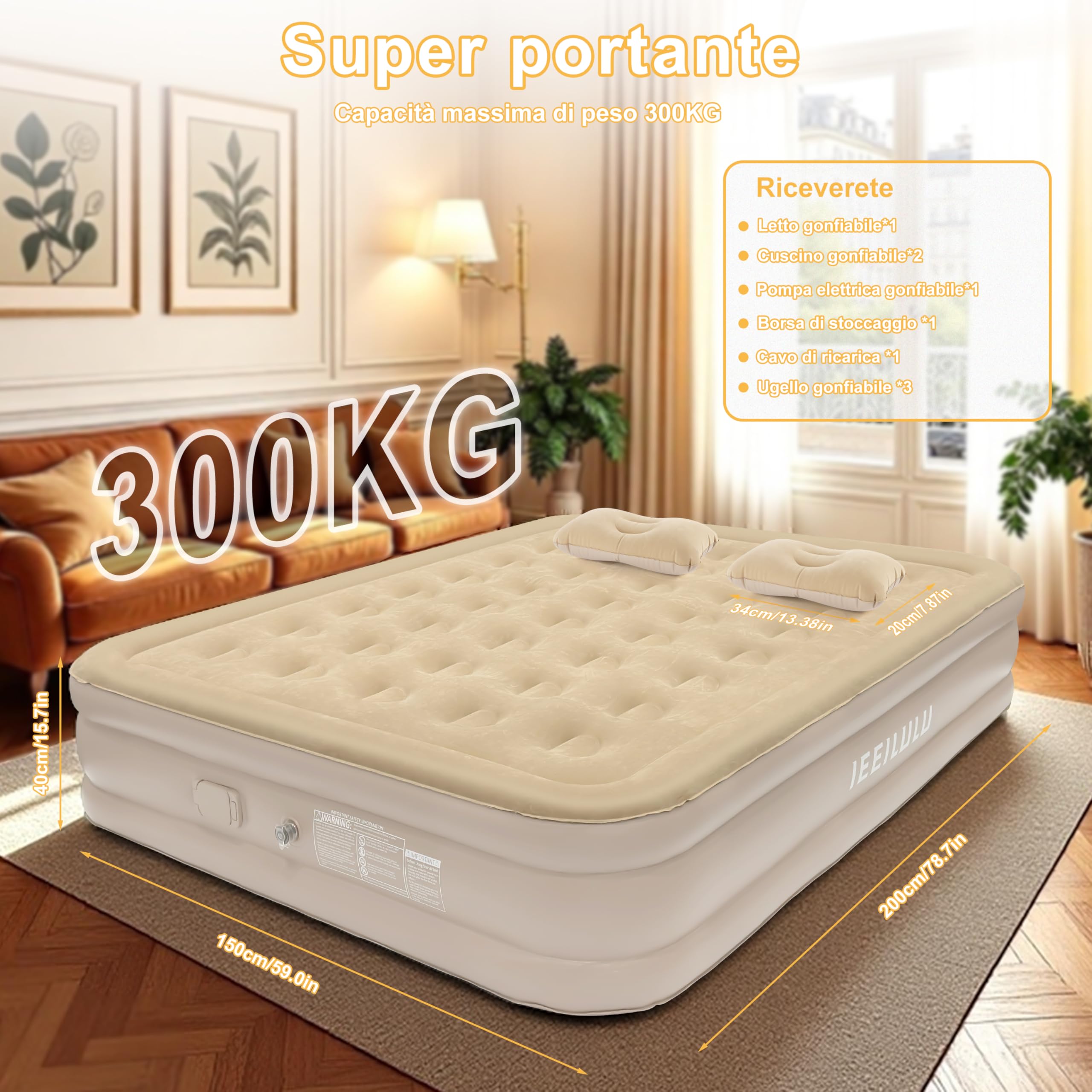 IEEILULU Materasso Gonfiabile Matrimoniale, Letto Gonfiabile Matrimoniale con Pompa Elettrica Integrata, Funzione Luce Notturna e Cuscino, Materasso Autogonfiabile per Campeggio o uso Domestico