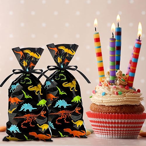 Miniatura 7 de Outus 100 bolsas de celofán de dinosaurio, esqueleto de dinosaurio, bolsas de recuerdos de fiesta con un rollo de cinta para bocadillos de