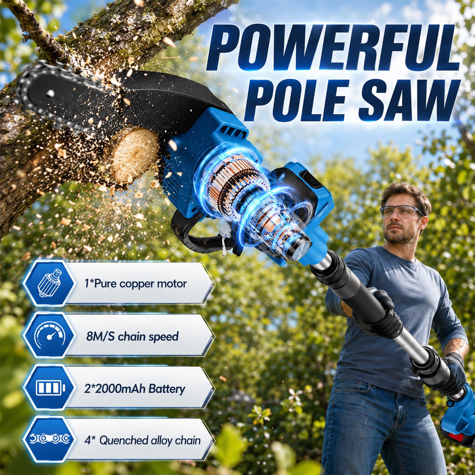 Tijeras de podar telescópicas 4 en 1, 6 pulgadas, cortasetos con batería de 2 x 4000 mAh, ángulo ajustable de 180°, motor de cobre (25000 rpm), 4 cadenas, guantes y gafas de protección, para jardín y