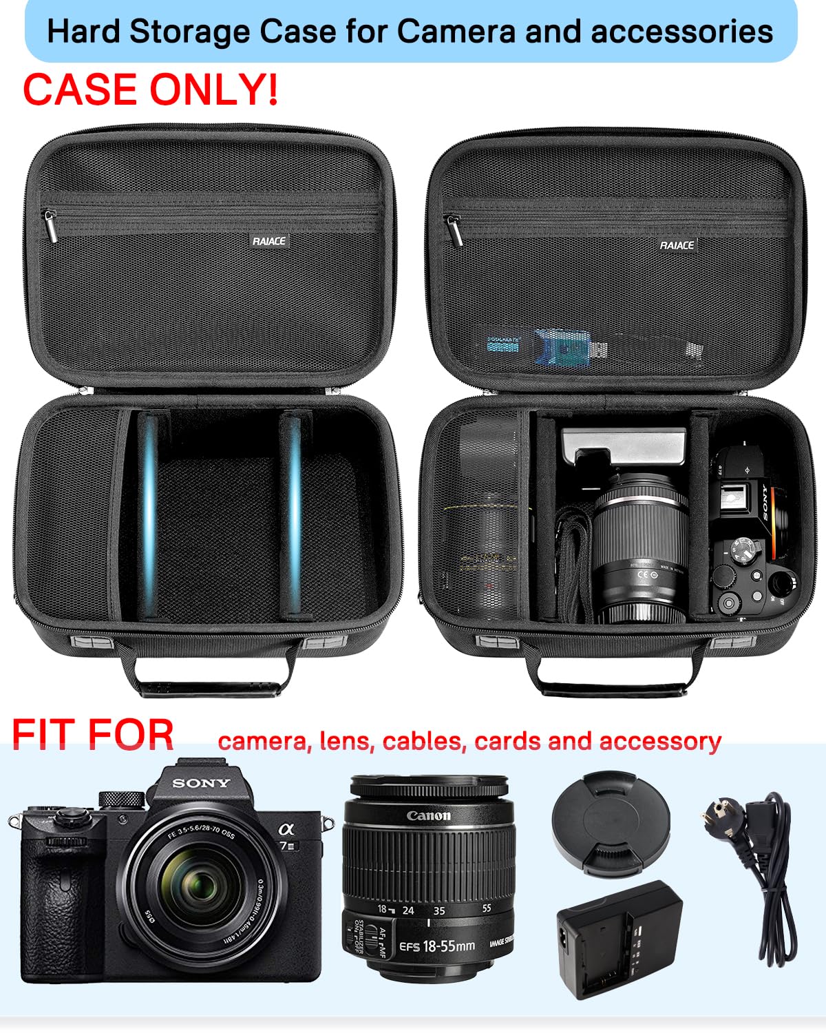 RAIACE Twarda obudowa kompatybilna z aparatem Sony Alpha 7 II III IV/7R V, do Nikon, Canon, Pentax i wielu innych. Z kieszenią z siatki na obiektyw, ładowarkę, kabel i akcesoria. - czarna