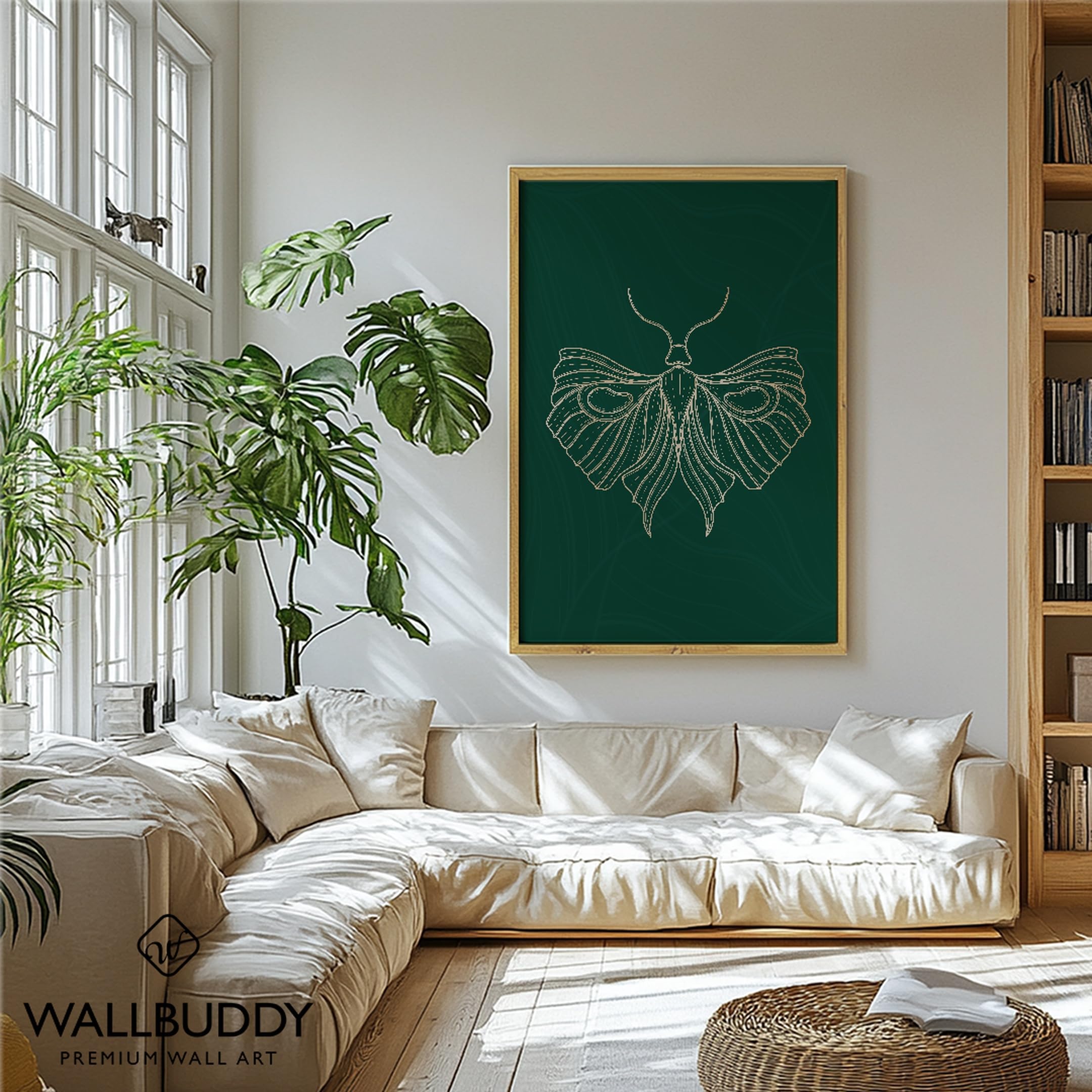 WallBUddy Motten Linienkunst Wanddruck | Elegant (60 x 90 cm, Eichenrahmen)