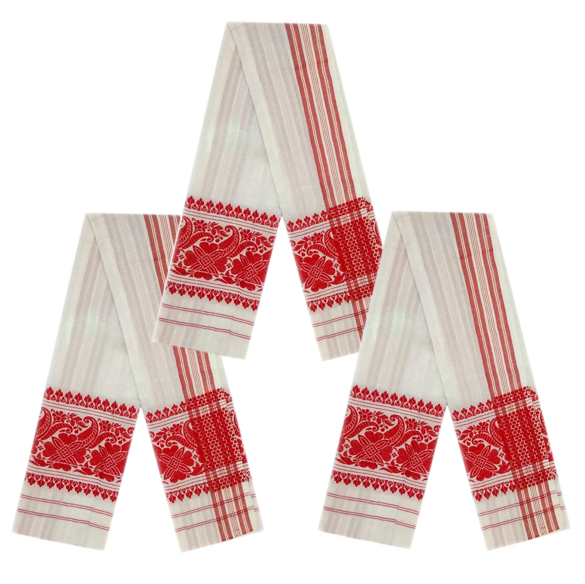 CHATTRI WALA Assam Handloom- Polycotton Assamese Traditional Gamusa with Red and White Floral Embroidery On Both Sides 50 * 22 inch Pack of 3-picture-42