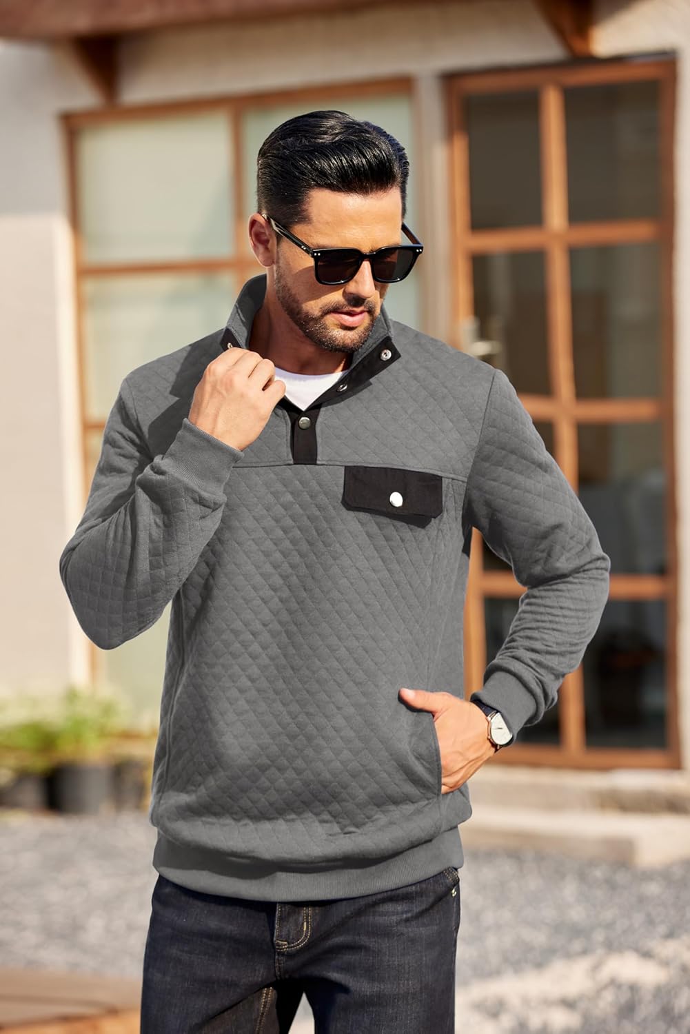 COOFANDY Quilted Sweatshirts for Men Quarter Button Pullover Sweatshirt Stand Collar Outdoor Polo with Pockets - Image 5