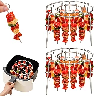 2PCS Air Fryer Rack Round, 6 Inch Air Fryer Skewer Stand, Stainless Steel Hanging Oven Skewers Rack Accessories, With 24 Skewer, Multifunctional Grill for Cooking Kebabs