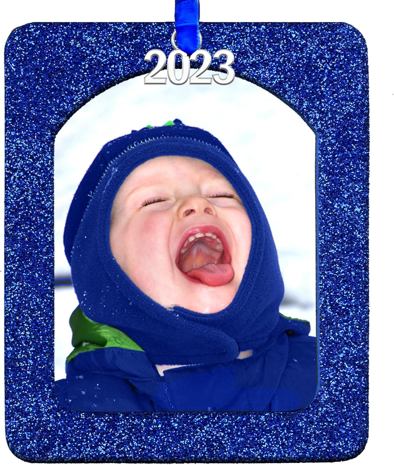 2023 Magnetic Glitter Christmas Photo Ornament with Non Glare Photo Protector, Vertical - Blue Blue 1 - Image 1 of 7