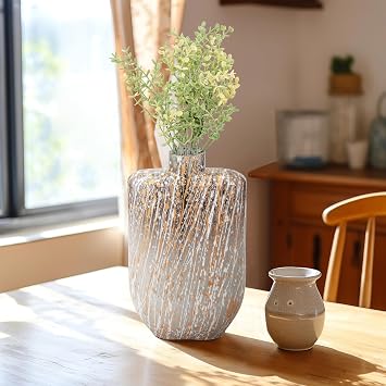 Sagebrook Home Elegant Glass Vase with Accents - Handcrafted Glam Style Decorative Vase for Home & Office - Modern Striped Pattern for Living Room, Bedroom & Table Decor - 10" Ivory, Tan, Gold