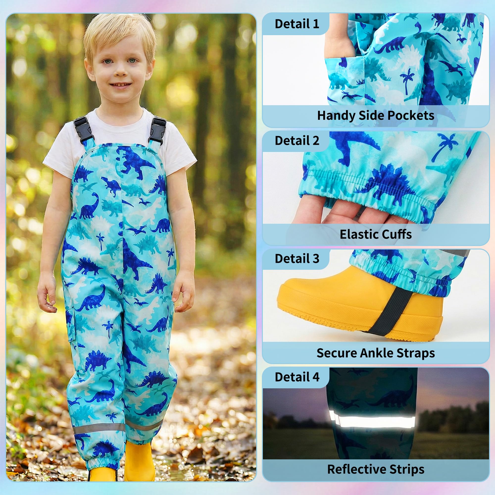 Pantalon de Pluie Filles Enfants Pantalon Imperméable avec Réfléchissantes Salopette Pluie Animal Modèle Pantalon de Boue Respirant Vêtements de Pluie pour d'extérieur Randonnée, 2-7 Ans