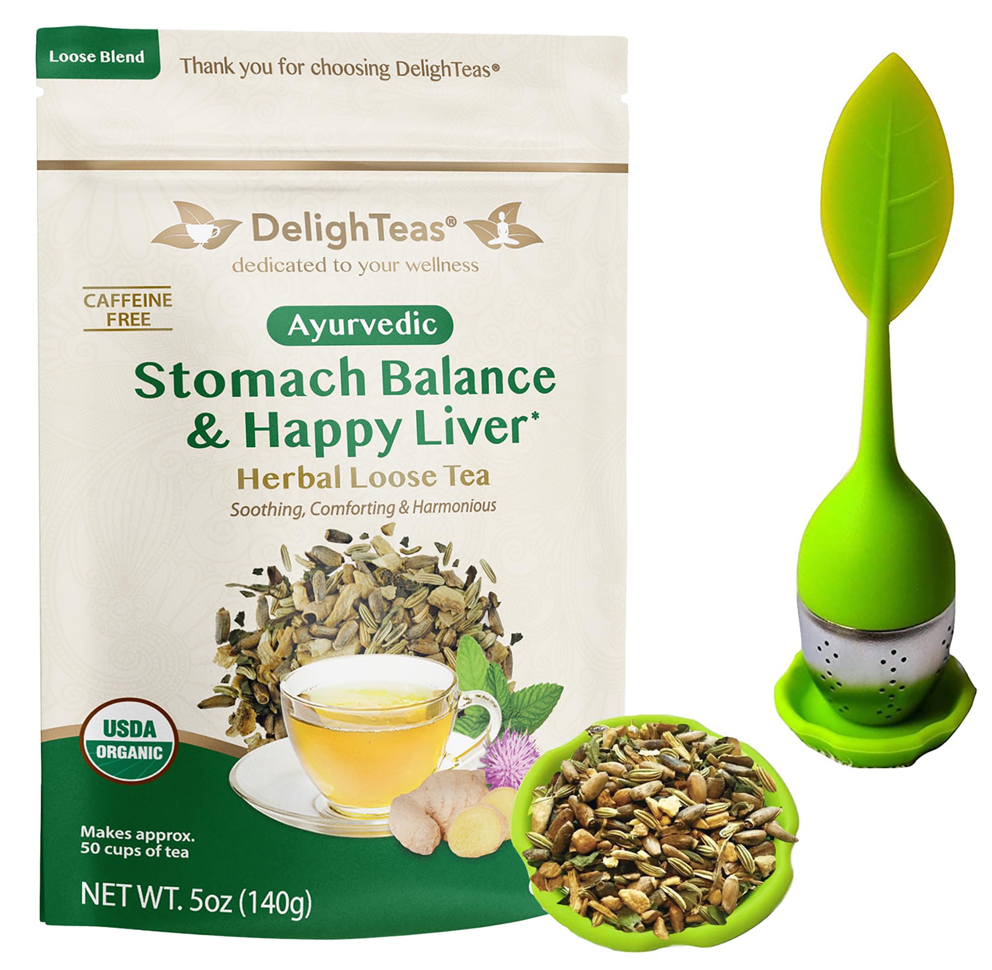 DelighTeas Stomach & Liver Tea | Ayurvedic Herbal Blend for Digestion | Organic Milk Thistle, Fennel, Ginger, Peppermint & Licorice | Vegan, Caffeine-Free, Sugar-Free | with BPA-Free Tea Infuser | 50 Servings, 5oz