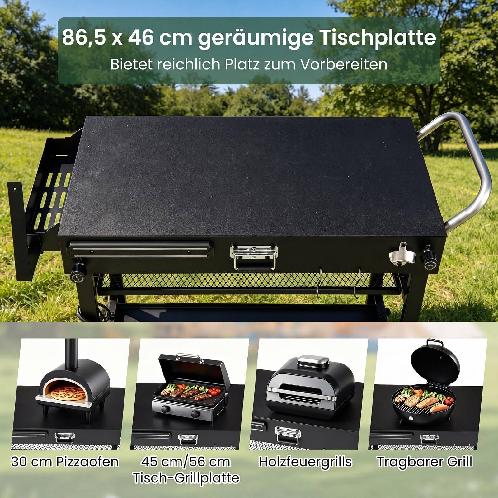 COSTWAY Grill na kółkach, stół do grillowania, składany, metalowy wózek do