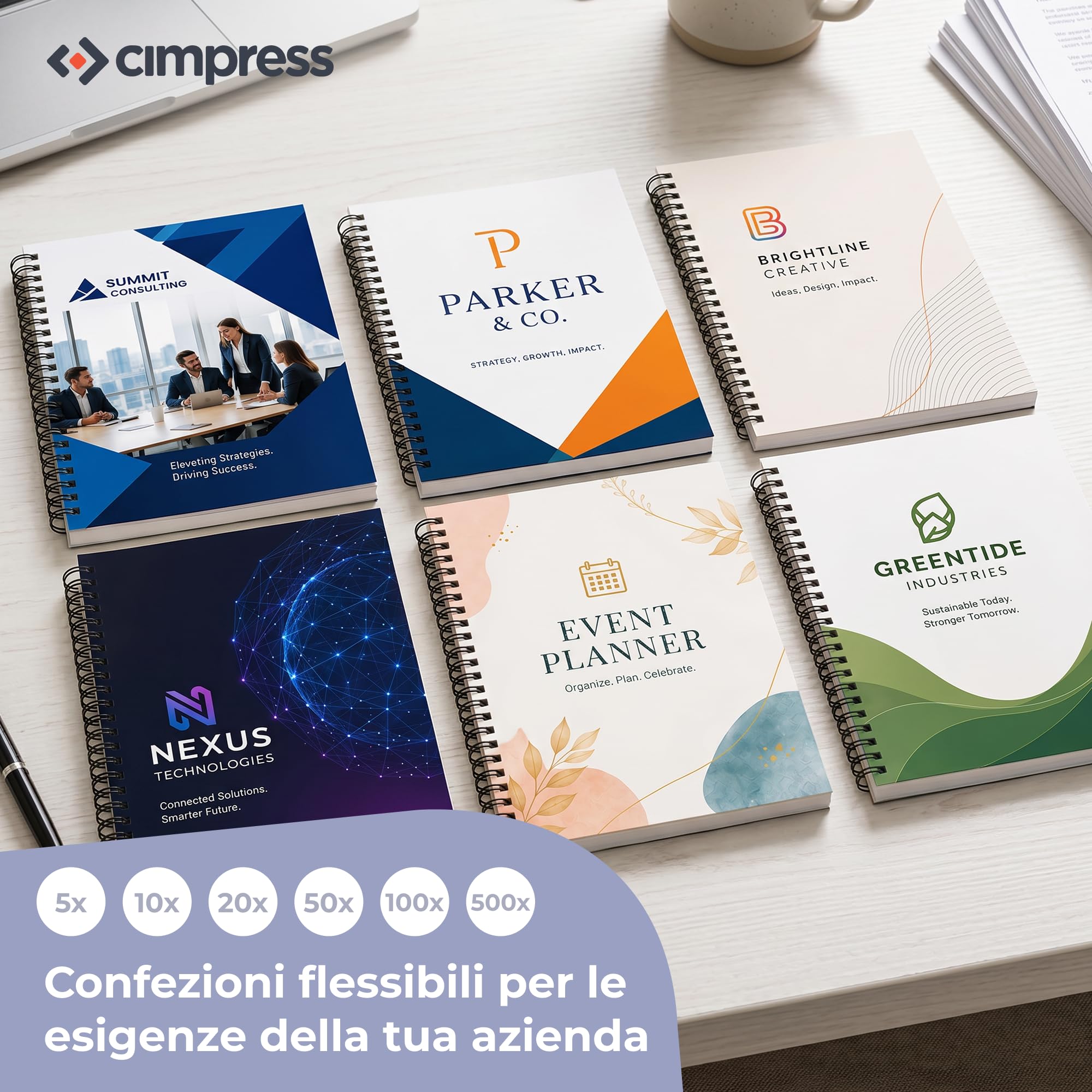 Quaderno A5 a personalizzabile, foto, logo o testo, A righe, 10 Pezzi | Copertina lucida 300 g/m², 160 pagine carta 90 g/m², spirale, ideale per riunioni, formazione e regali aziendali