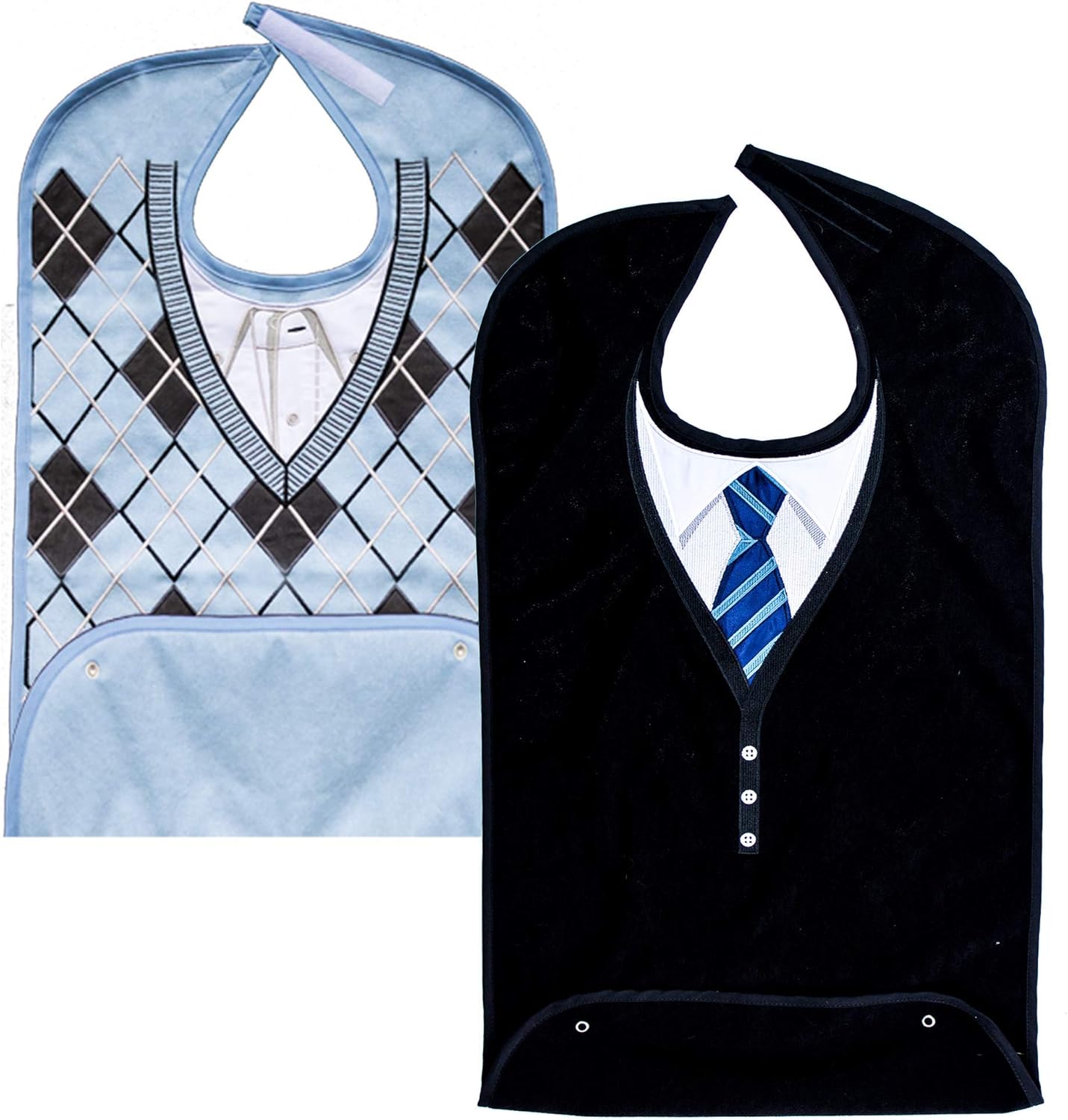 Classy Pal, Adult Bibs for Men, Clothing Protectors for Eating, Senior Adult Bib Terry Cloth Crumb Catcher, Embroidered Design, Waterproof, Reusable, Washable (Argyle Sweater + Blue Tie) : Health & Household
