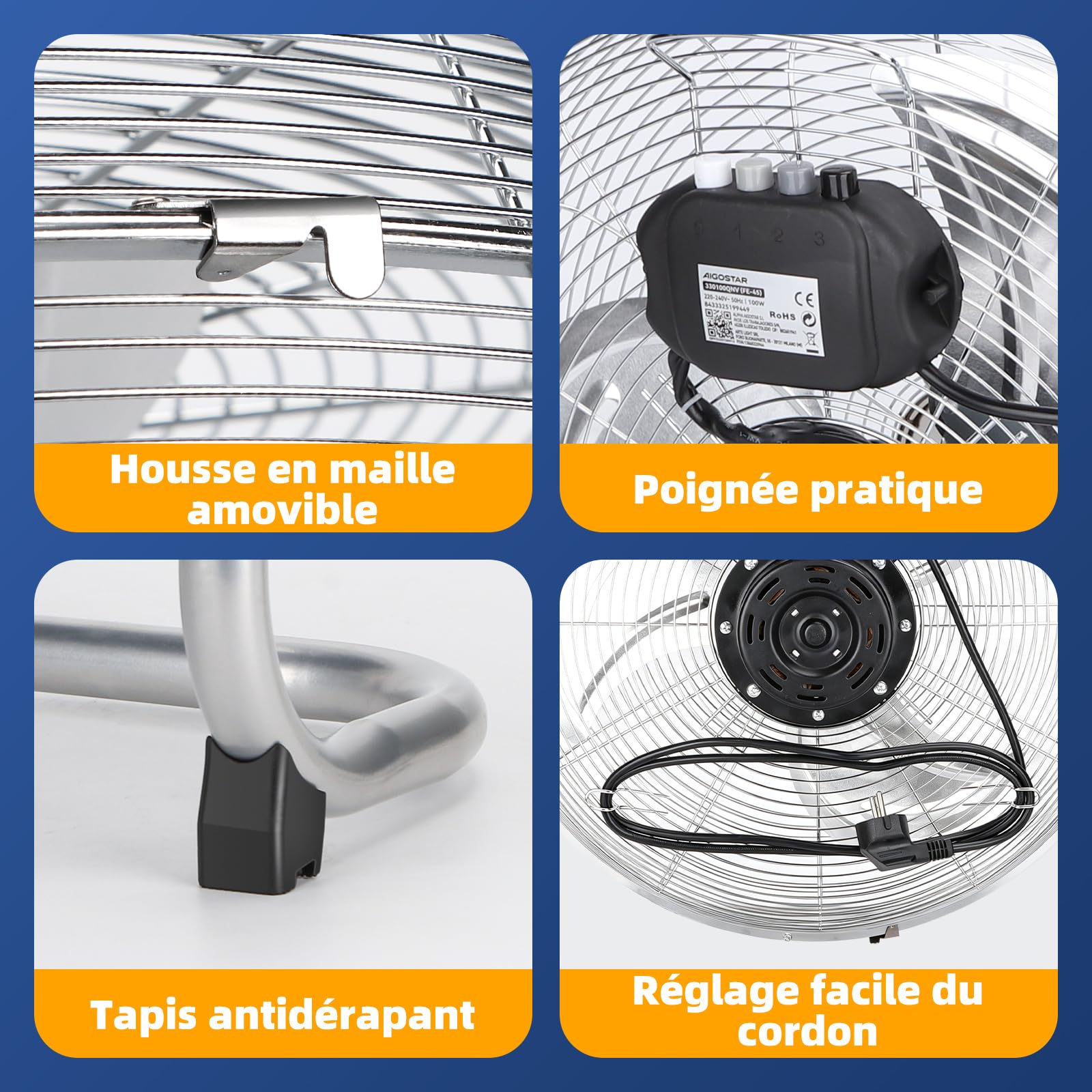 Aigostar Ventilateur Industriel de Sol Puissant-100W Moteur, 3 Vitesses, Oscillation 120°, Pales en Métal Chromé, Grille Renforcée, Design Portable avec Poignée, pour Atelier, Magasin, Maison (54cm)