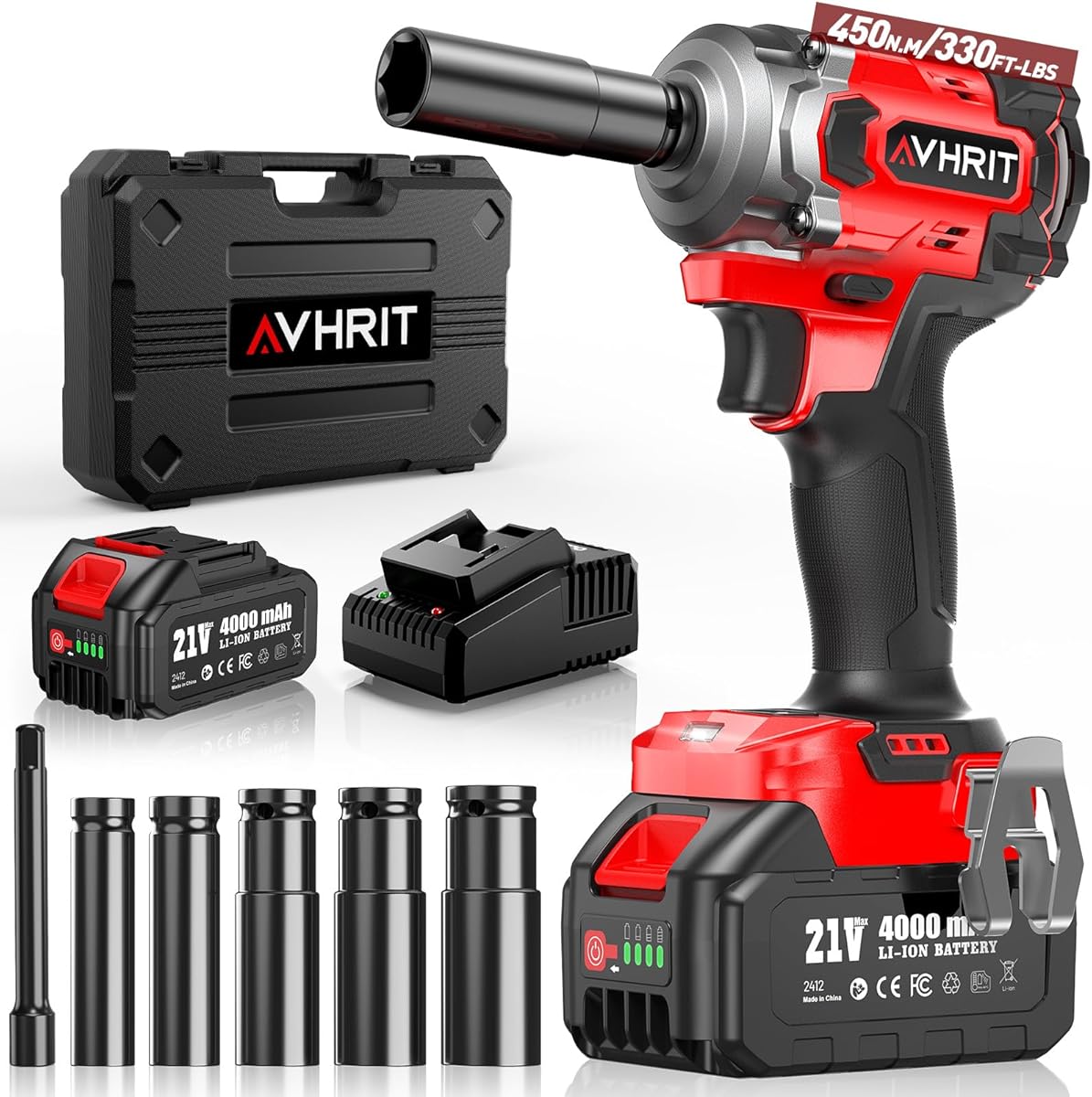 Avhrit Cordless Impact Wrench 3/8 Inch, 450N.m/ 330Ft-lbs Electric Impact Gun with Blushless Motor, 4000mAh Battery, Charger, 5 Sockets, Power Impact Driver for Car Home, Tire Repair
