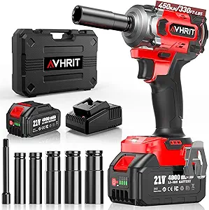 Cordless Impact Wrench 3/8 Inch, 450N.m/ 330Ft-lbs Electric Impact Gun with Blushless Motor, 4000mAh Battery, Charger, 5 Sockets, Power Impact Driver for Car Home, Tire Repair