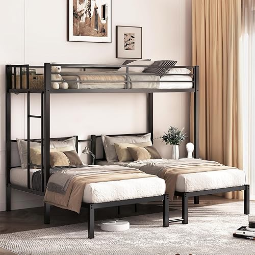 Twin Over Twin & Bunk Beds for 3, Triple Bunk Bed for 3 with Guardrails, Ladder & Upper-Bed Platform, for Children, Teens, Adults, No Box Spring Needed, Black