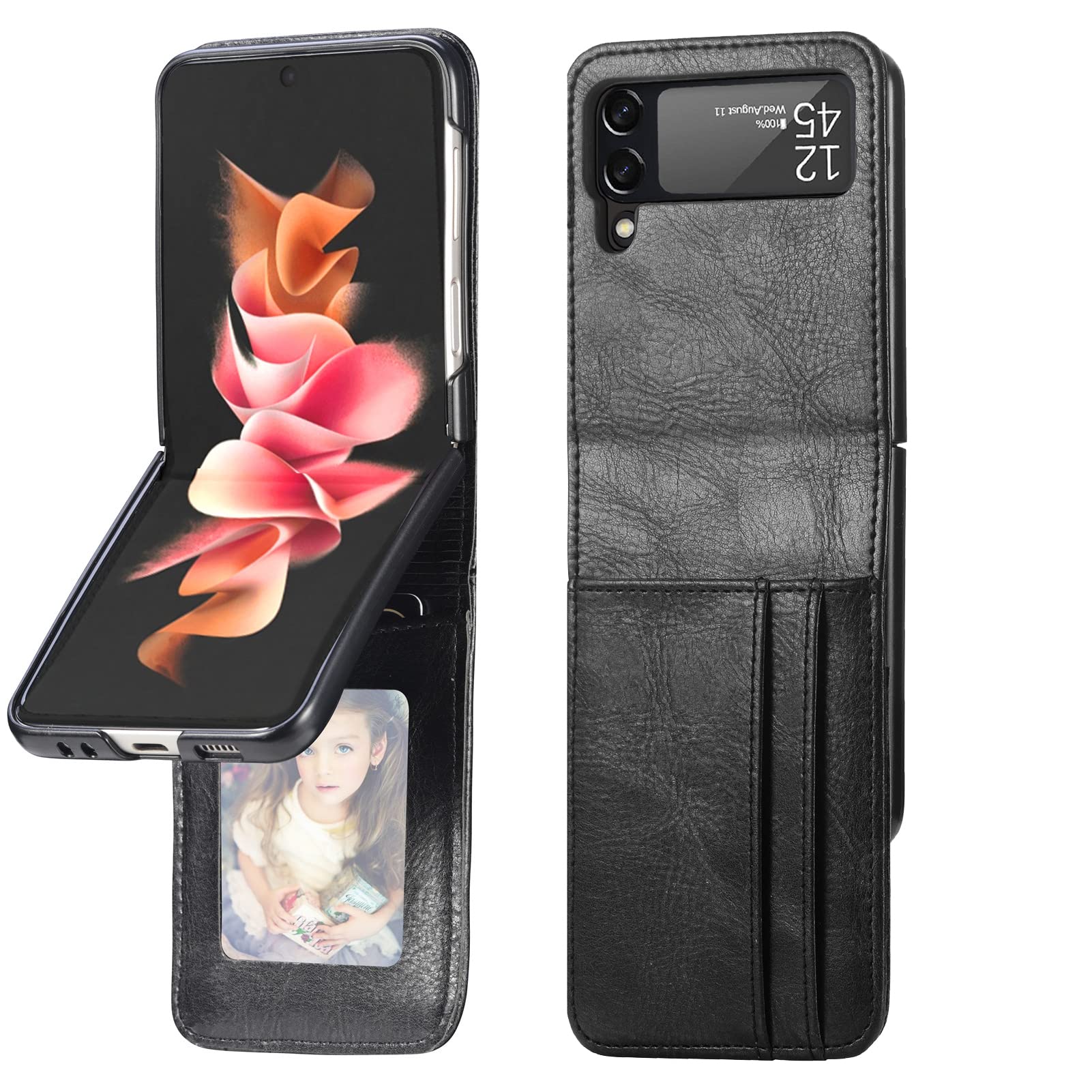 CCSamll for Samsung Galaxy Z Flip 3 Wallet Case with Card Holder,Touch Slim PU Leather Shockproof Phone Case Cover for Samsung Galaxy Z Flip 3 5G DK Black