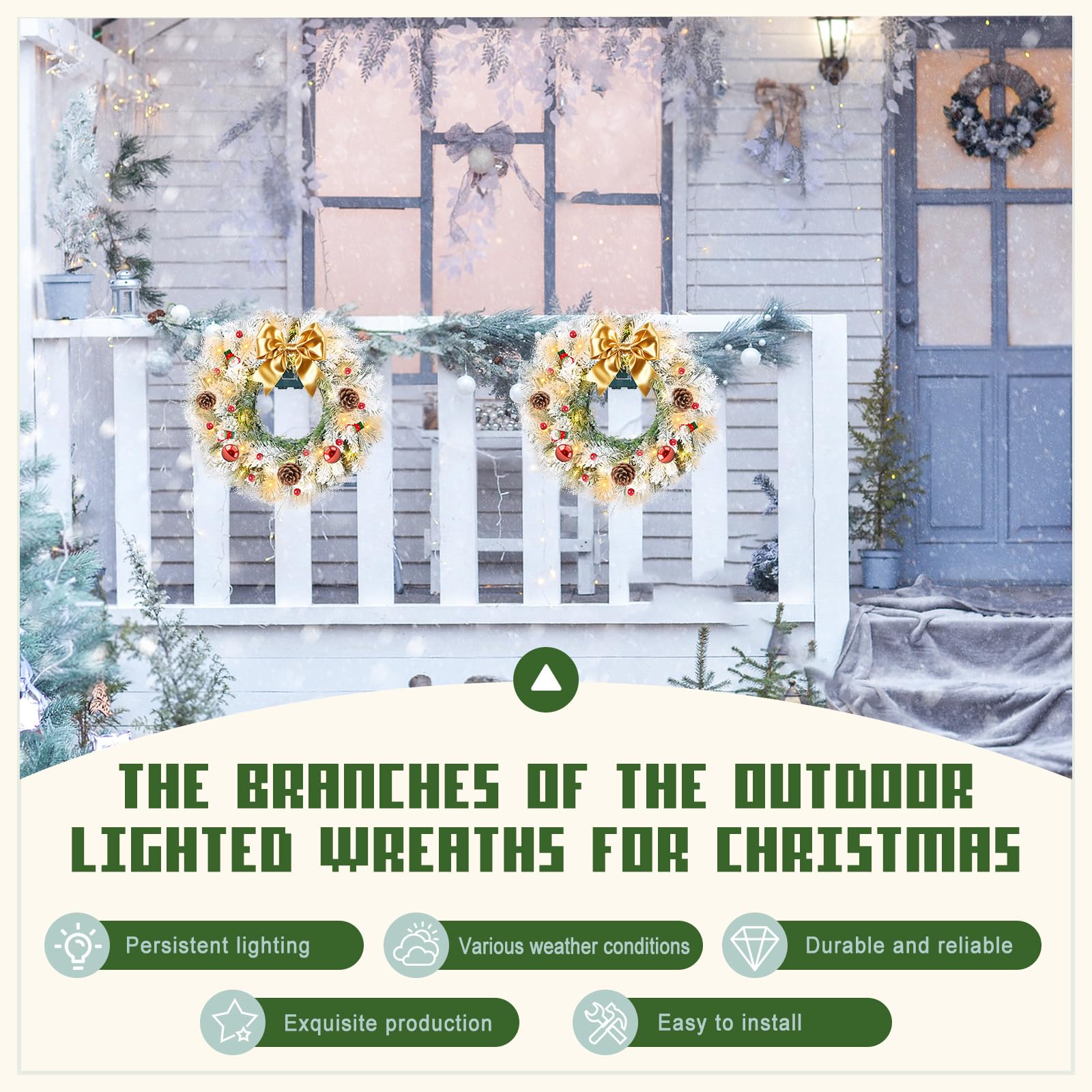 Gfilay Couronne de Noël floquée pré-éclairée, couronne de Noël blanche pour porte d'entrée avec 50 lumières LED, couronne de Noël à piles, couronne de Noël de 50,8 cm