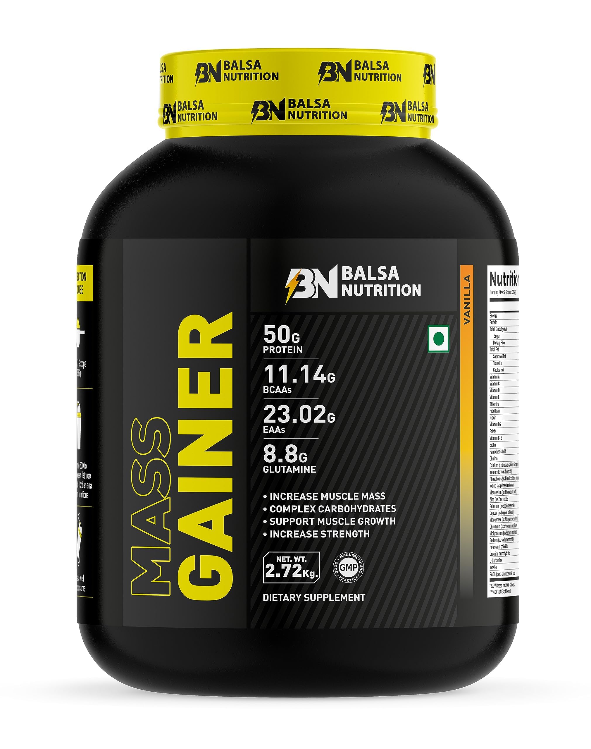 Balsa Nutrition Mass Gainer Protein Powder- 2.72kg, 336g per Serving (Vanilla Flavour) | High-Calorie Blend For Muscle Building & Weight Gain, Performance & Workout Recovery | Non- GMO