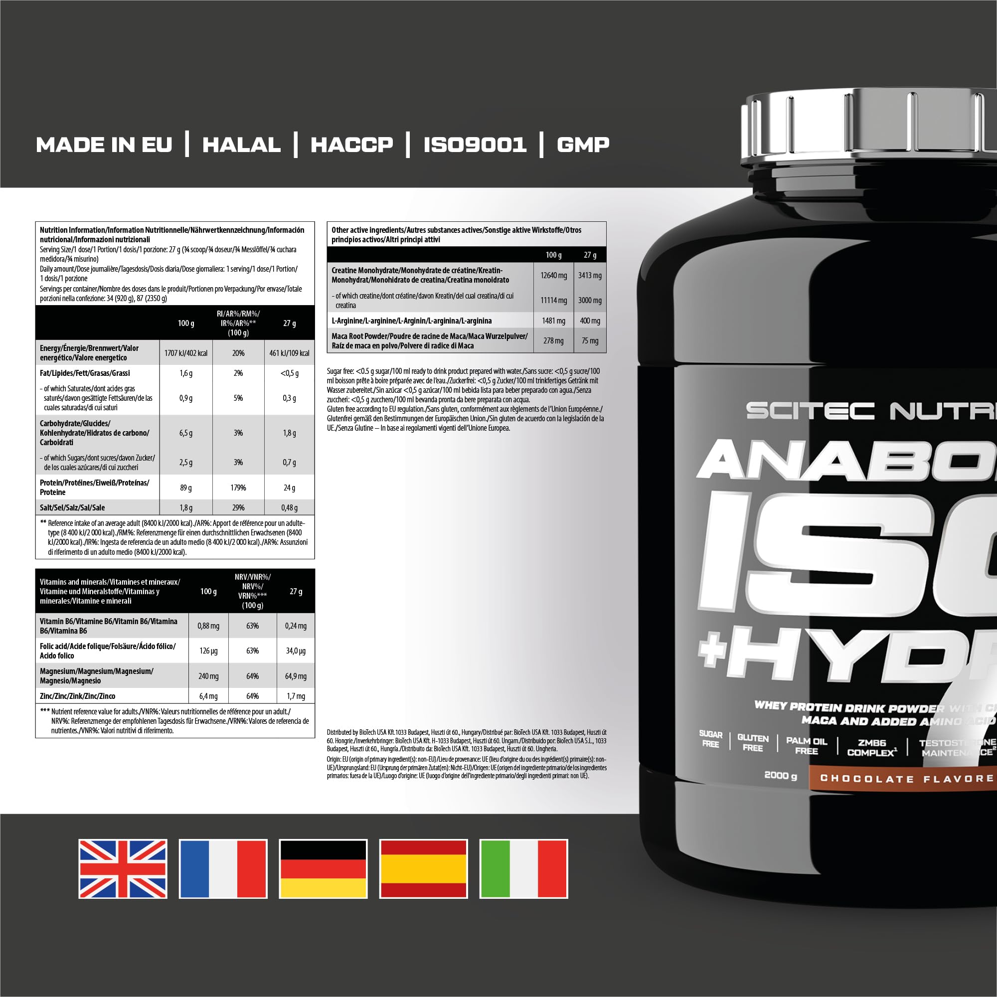 Scitec Nutrition Anabolic Iso+Hydro - Sieroproteine in polvere con creatina | Isolato e idrolizzato - Con maca e aminoacidi - ZMB6 con zinco per livelli normali di testosterone - 2000 g, Cioccolato