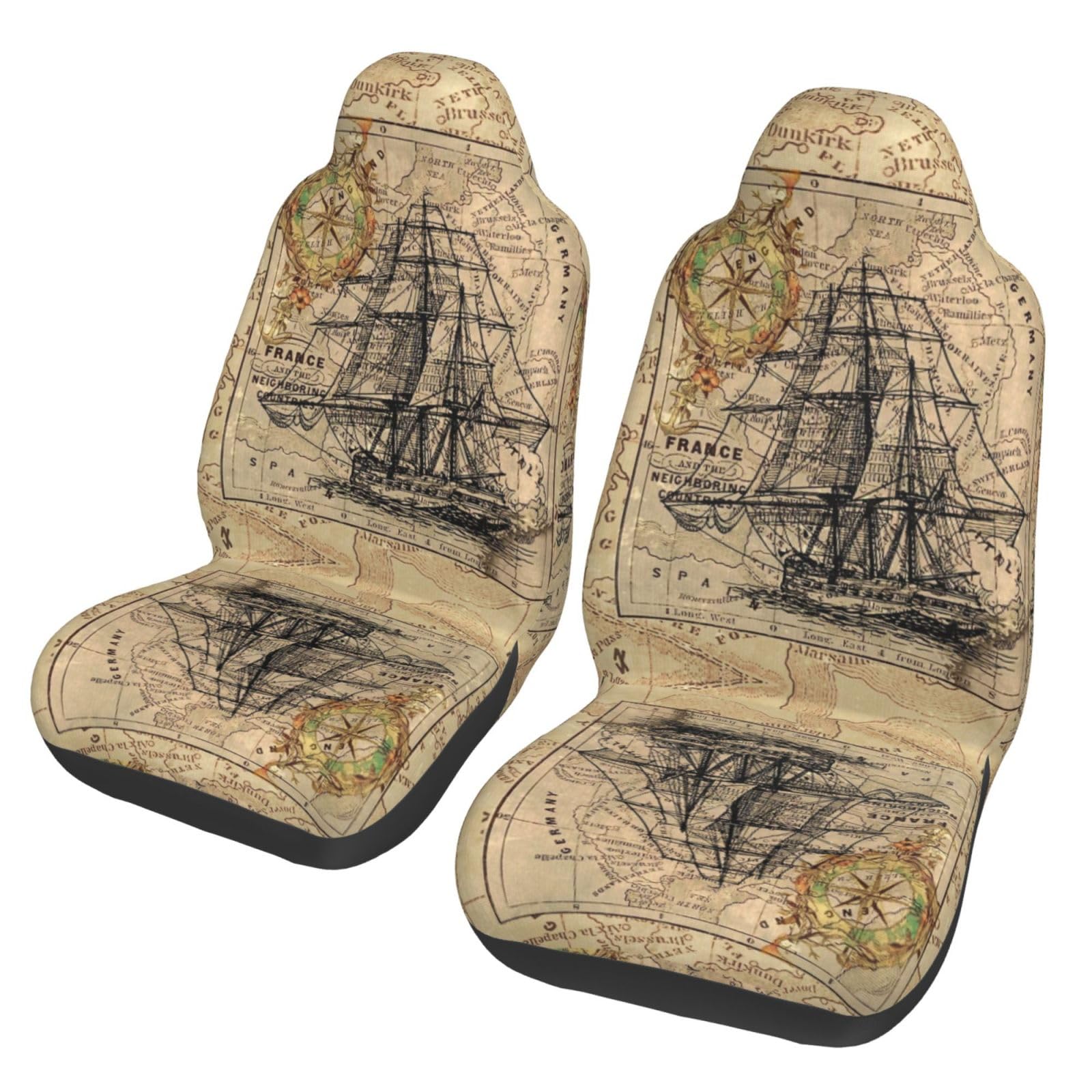 GeRRit Vintage Medieval Dark Academia Pirate Ship Antique World Map Set of 2 Car Seat Covers Universal Auto Front Seats Protector Fits for Car,SUV